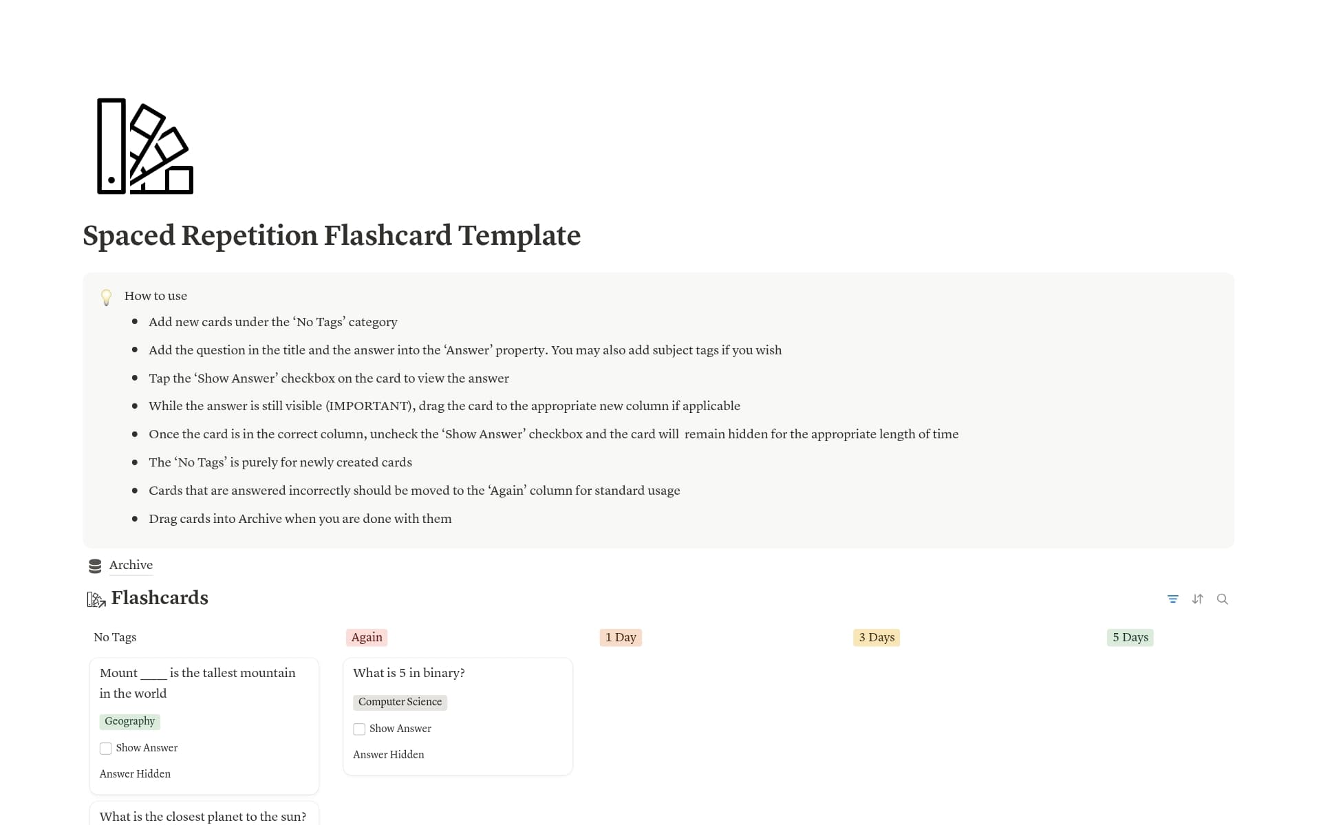 A template preview for Spaced Repetition Flashcards
