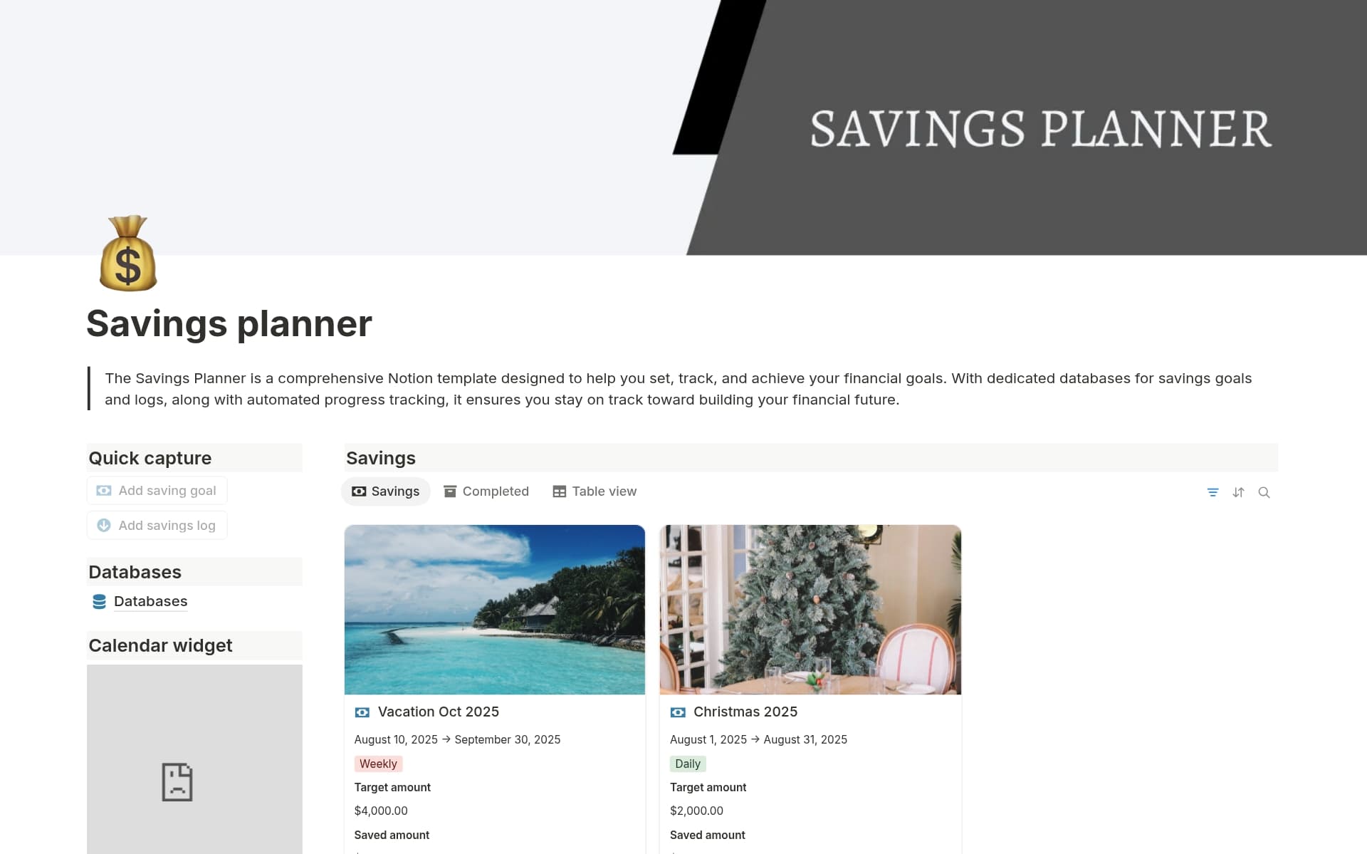 A template preview for Savings planner