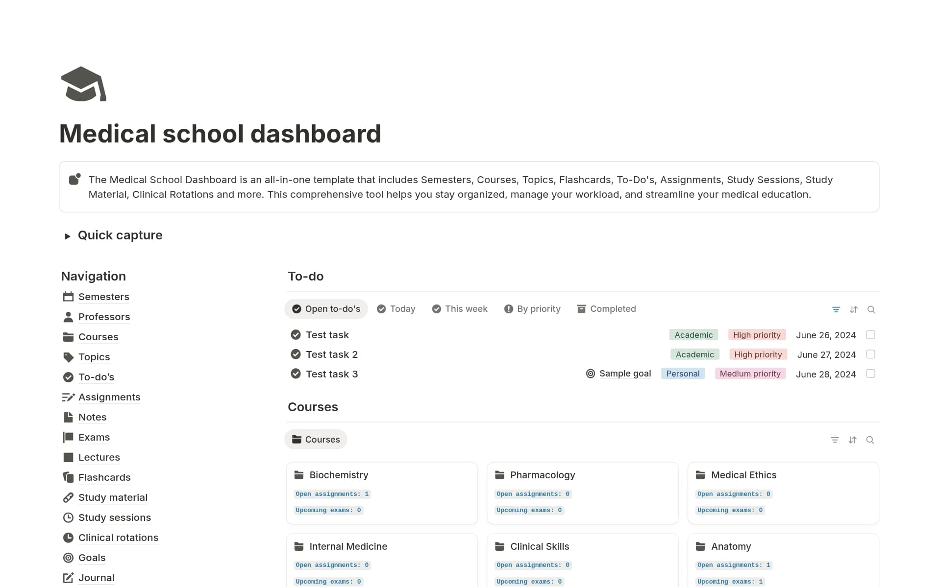 Conquer med school chaos with the Medical School Dashboard—your all-in-one Notion hub for courses, study sessions, flashcards, rotations, and goals. Stay organized, boost productivity, and focus on becoming the doctor you’re meant to be.
