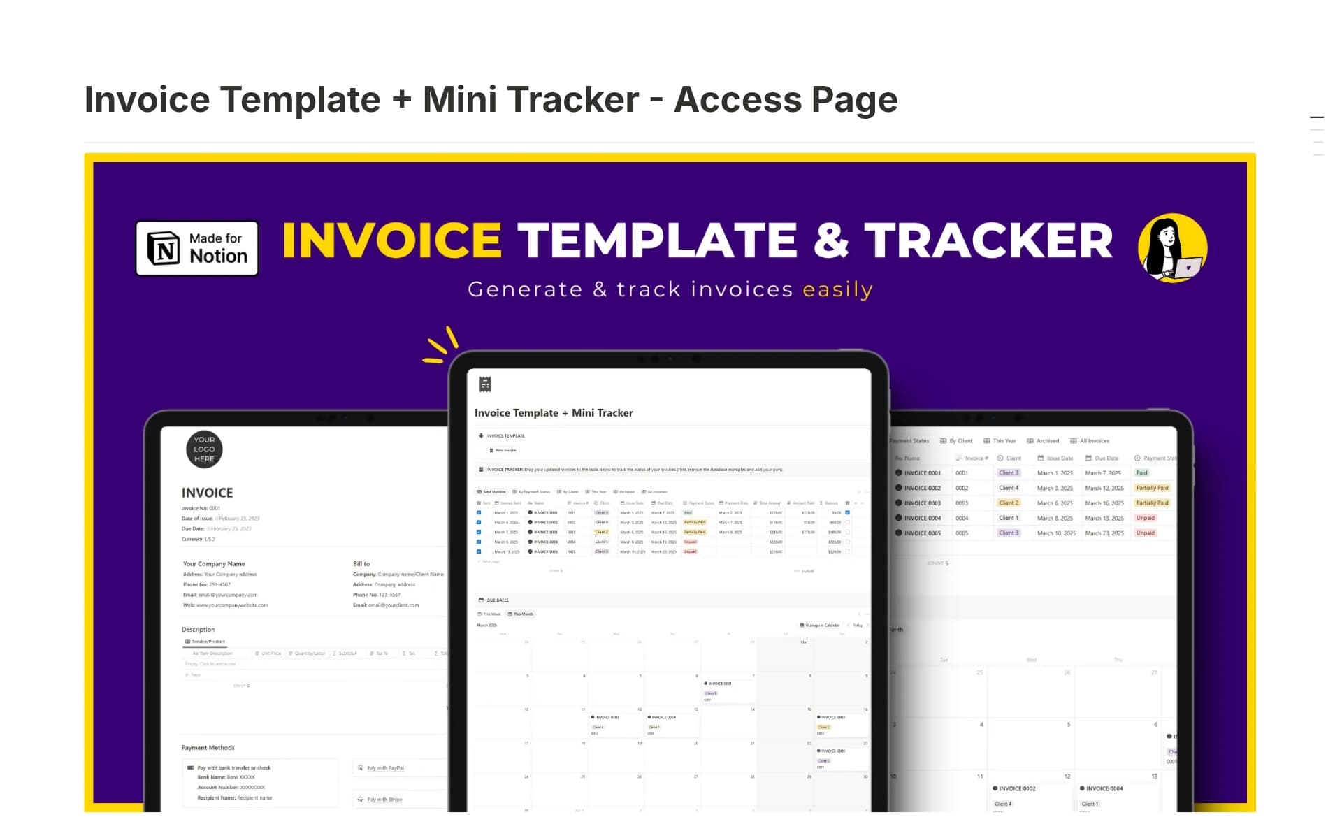 A template preview for Simple Notion Invoice Template and Mini Tracker
