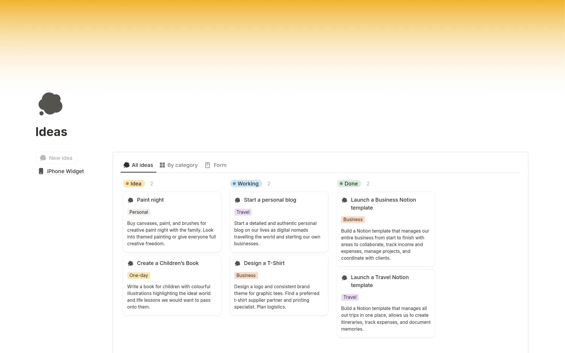 A template preview for Ideas