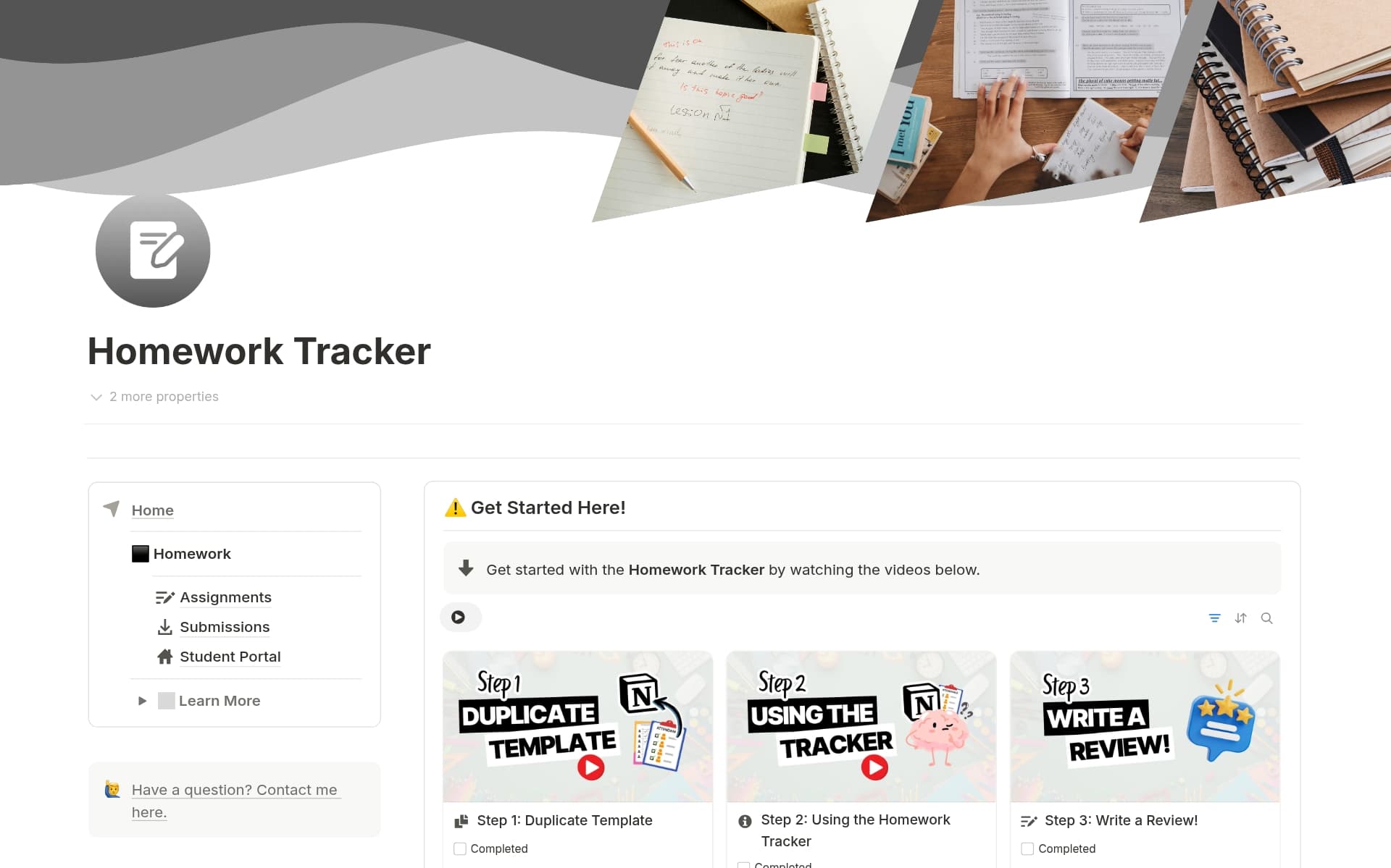 A template preview for Homework & Assignment Tracker