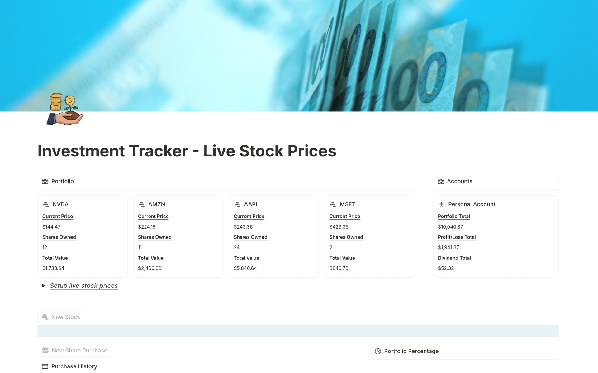 A template preview for Investment Tracker - Live Stock Prices & More!