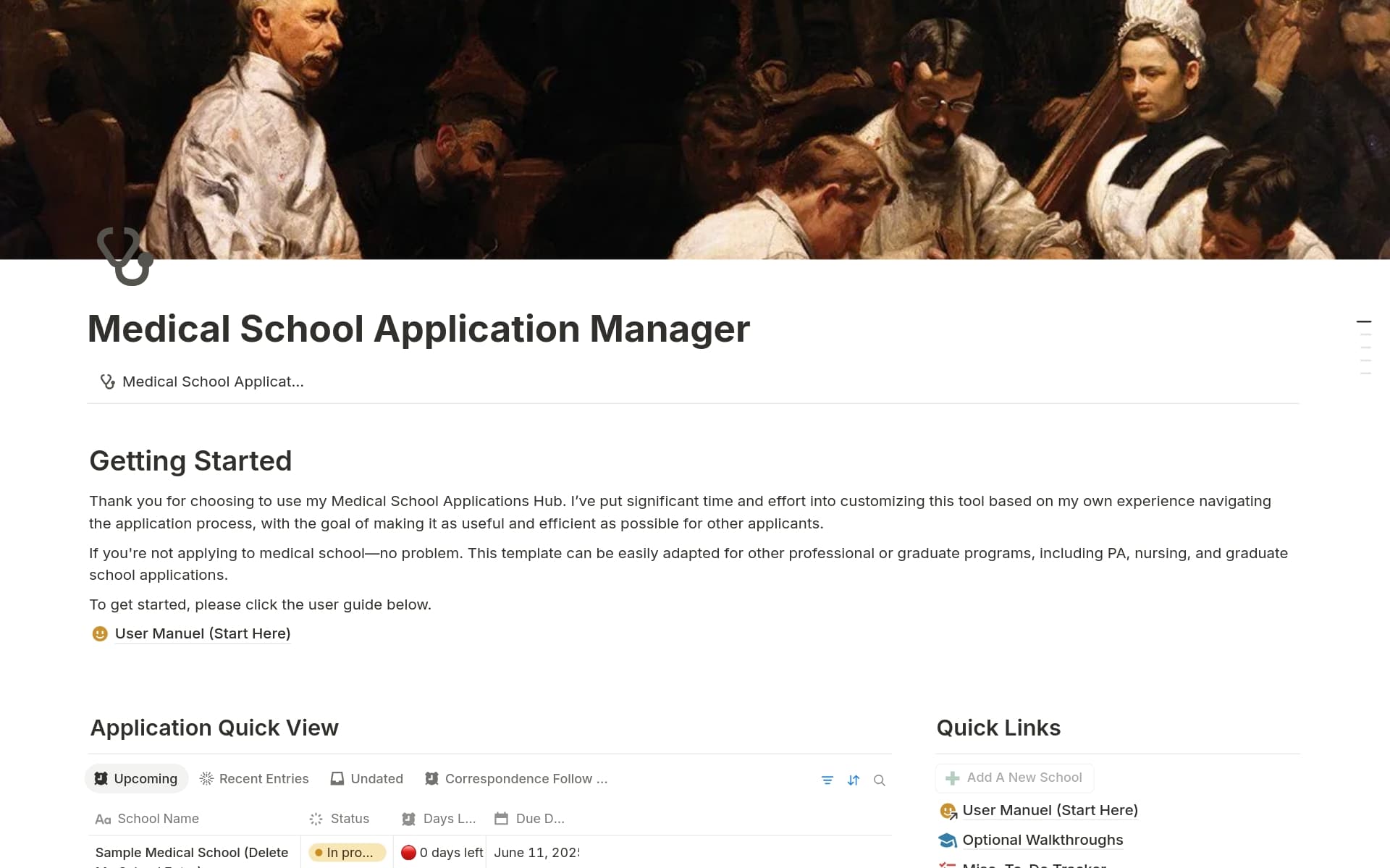 A template preview for Medical School Secondary Application Manager