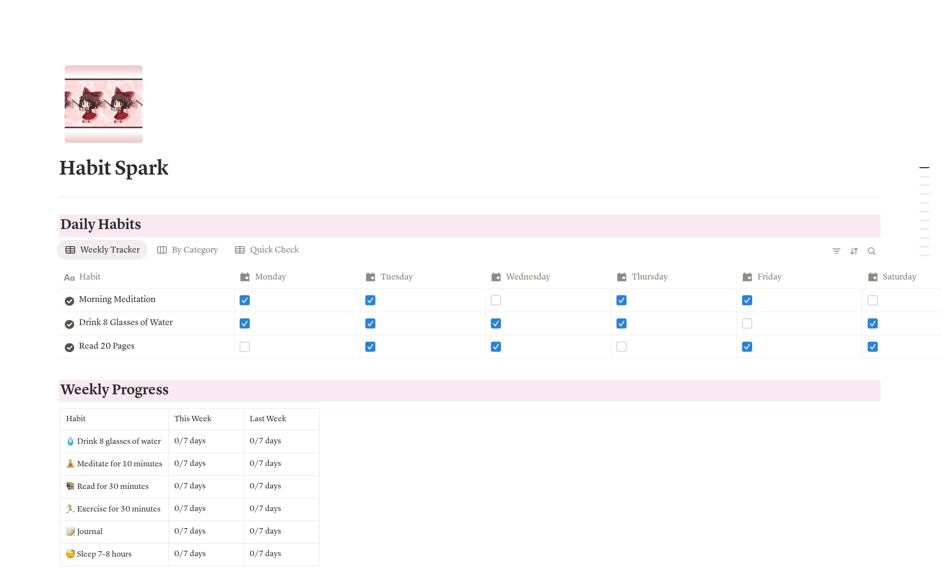 A template preview for Habit Spark