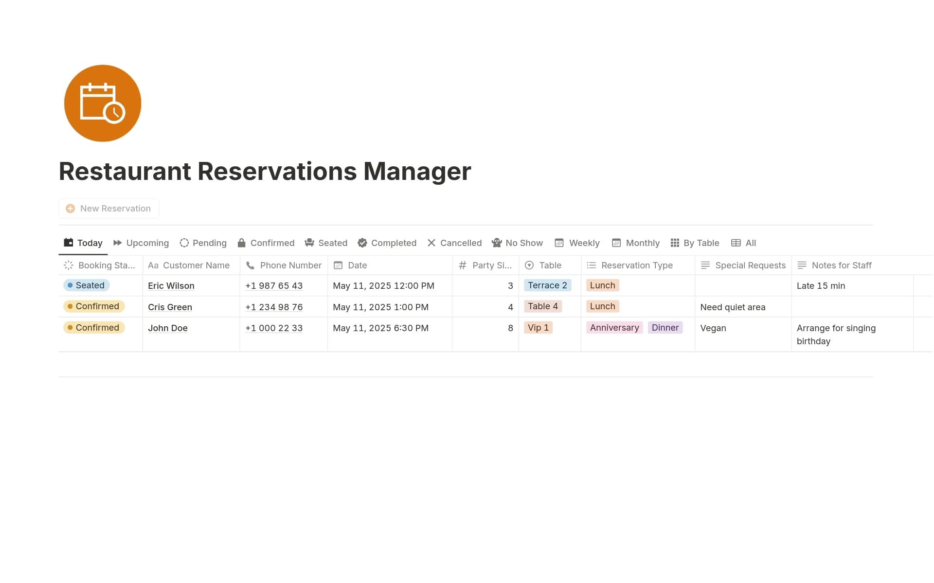 A template preview for Restaurant Reservations Manager