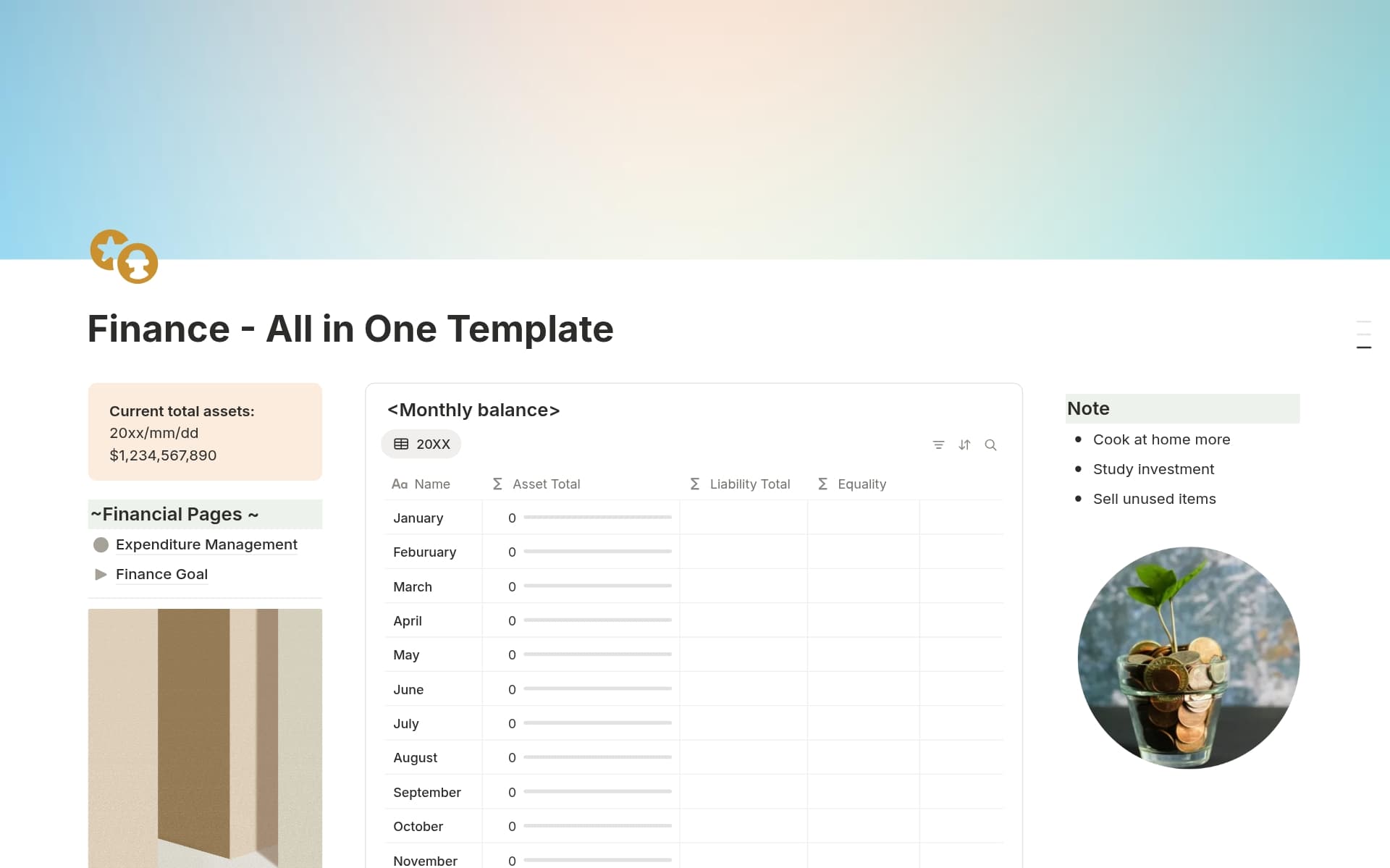 A template preview for Finance - All in One