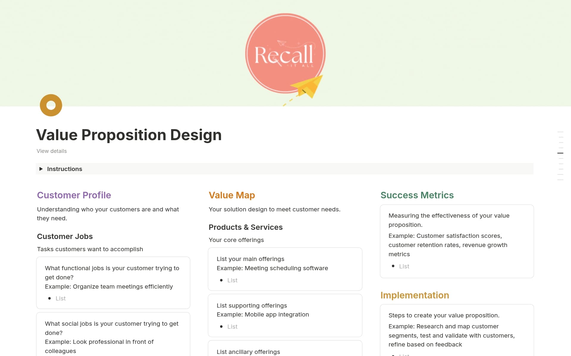 A template preview for Value Proposition Planning Design Map