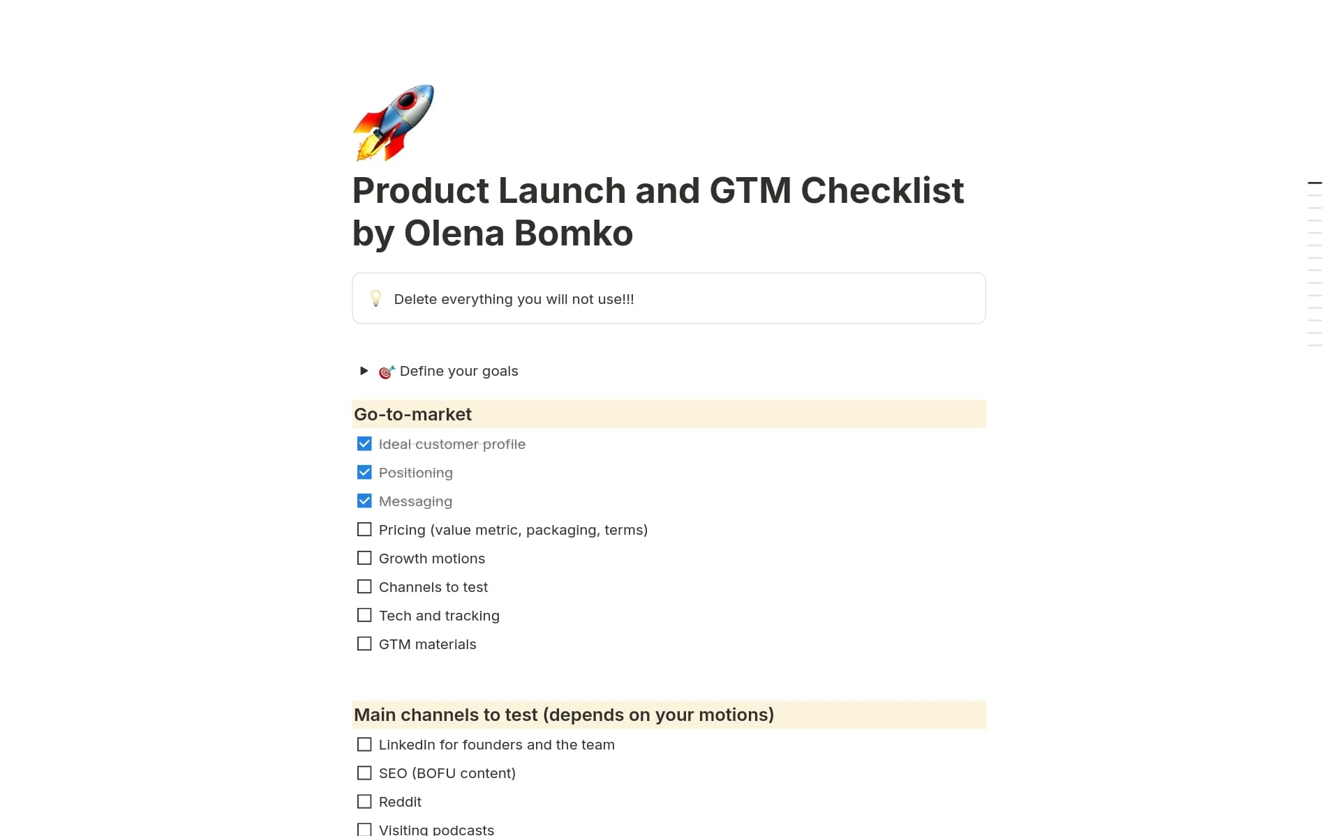 A template preview for Product Launch and GTM Checklist by Olena Bomko