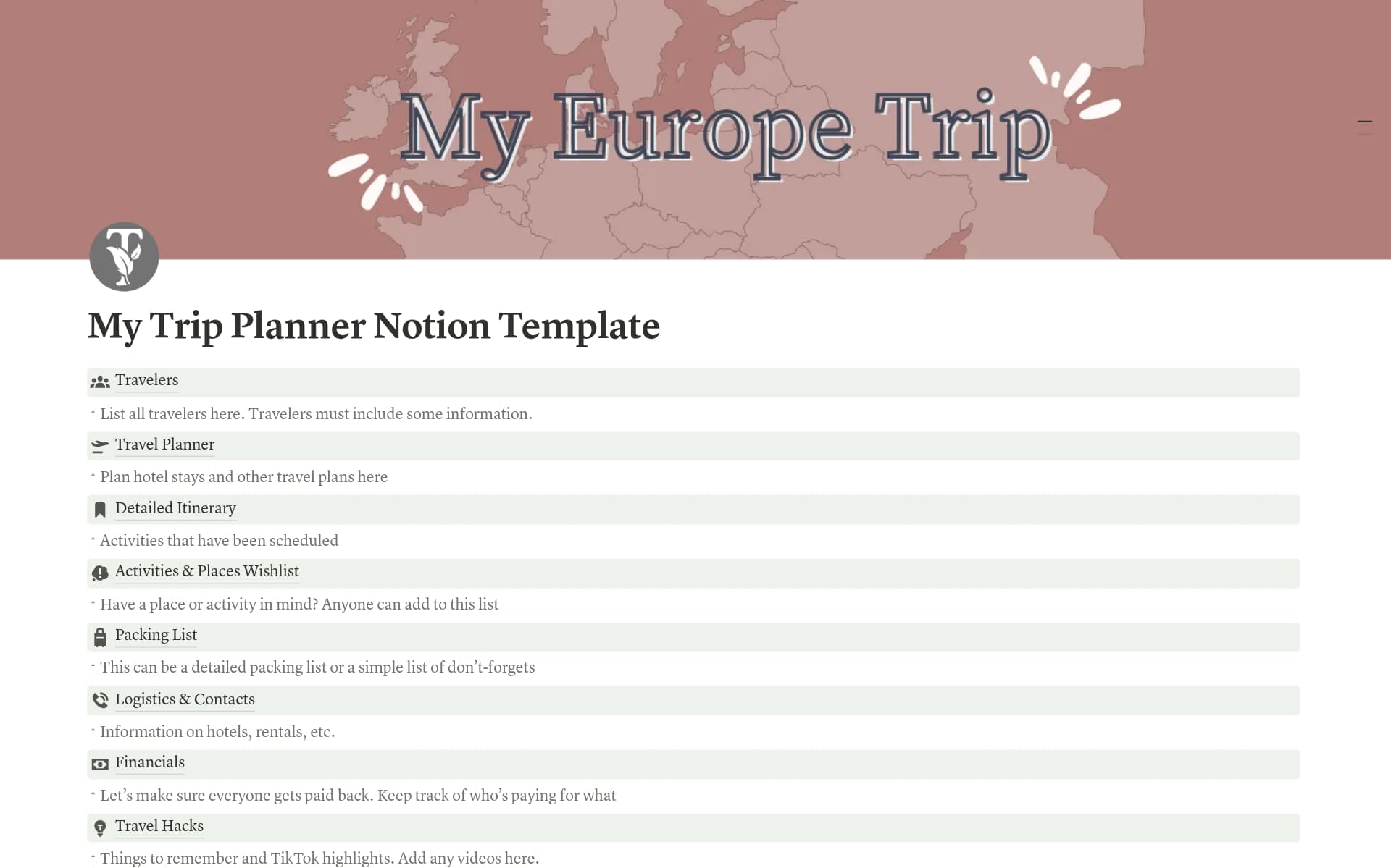 A template preview for Europe Trip Planner