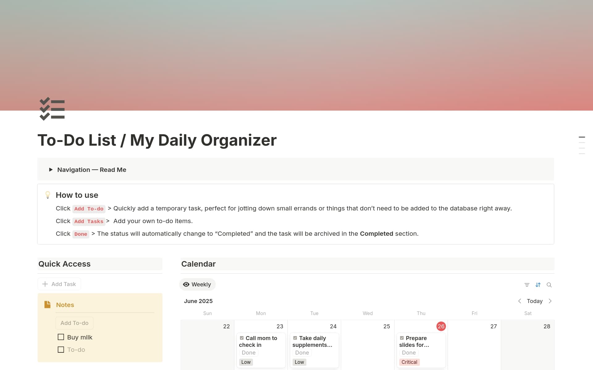 A template preview for To-Do List / My Daily Organizer
