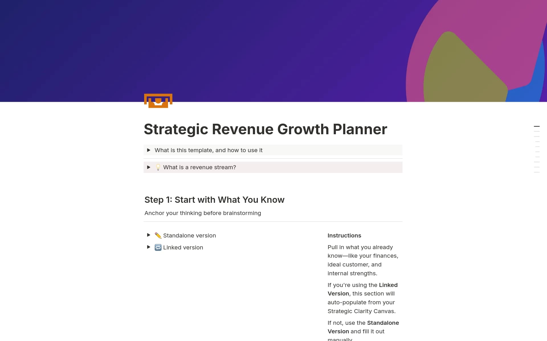 Map out all the ways your business makes money—and figure out which ones are actually worth growing. Prioritize short-term revenue wins and pick long-term bets that align with your vision. Part of the Clarity Canvas strategy framework.