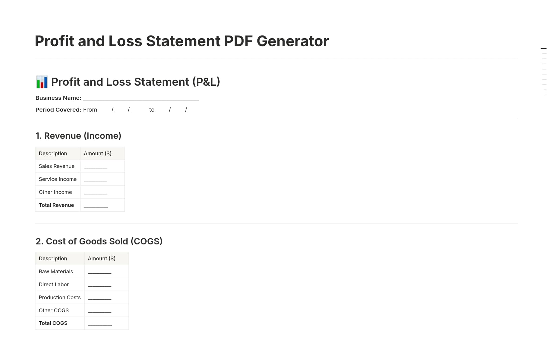 A template preview for Profit and Loss Statement PDF Generator