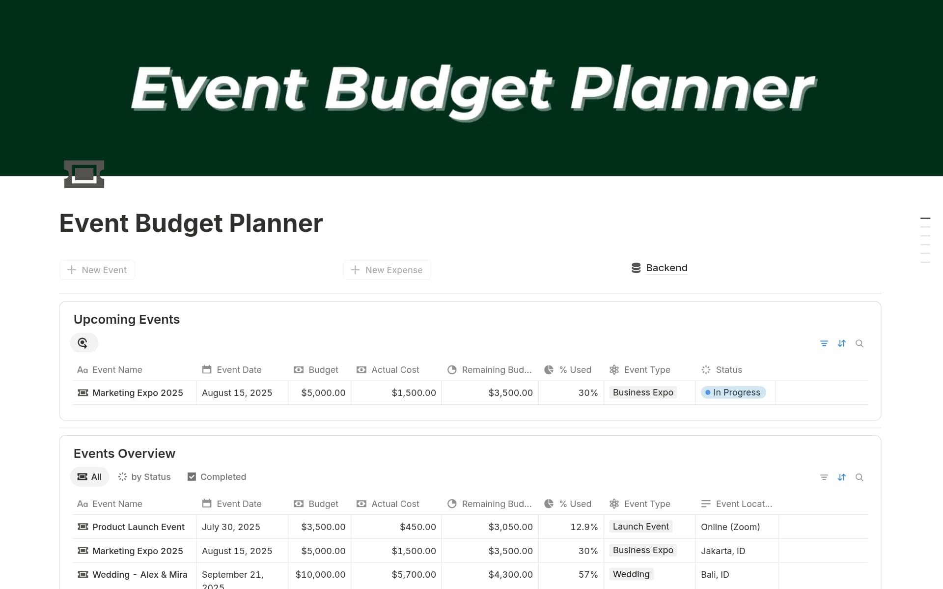 A template preview for Event Budget Planner