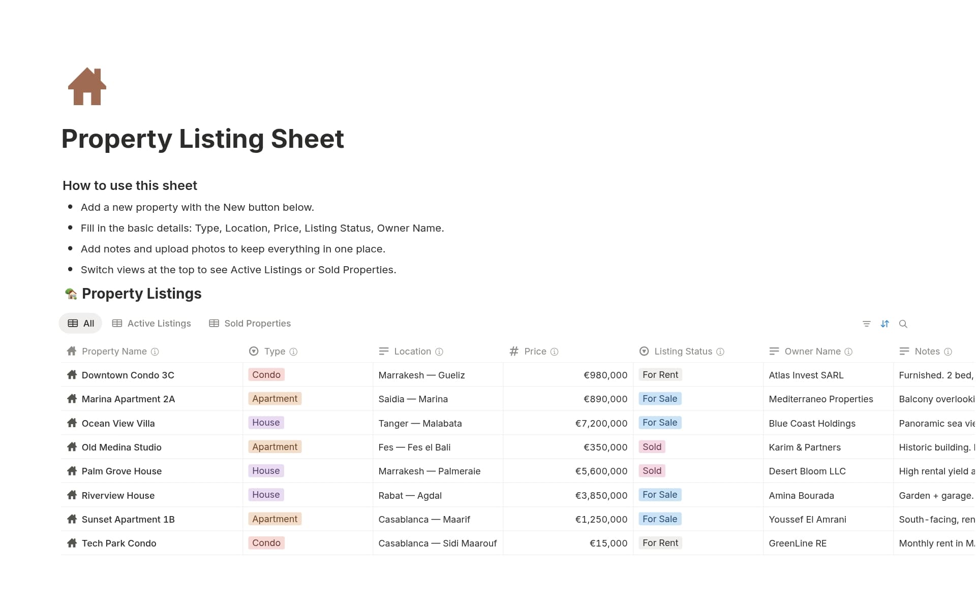 A template preview for Property Listing Sheet