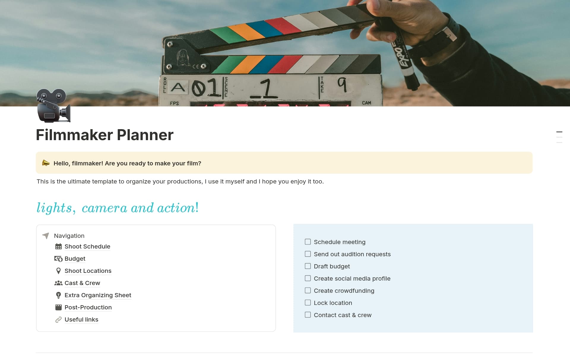 Uma prévia do modelo para Filmmaker Planner