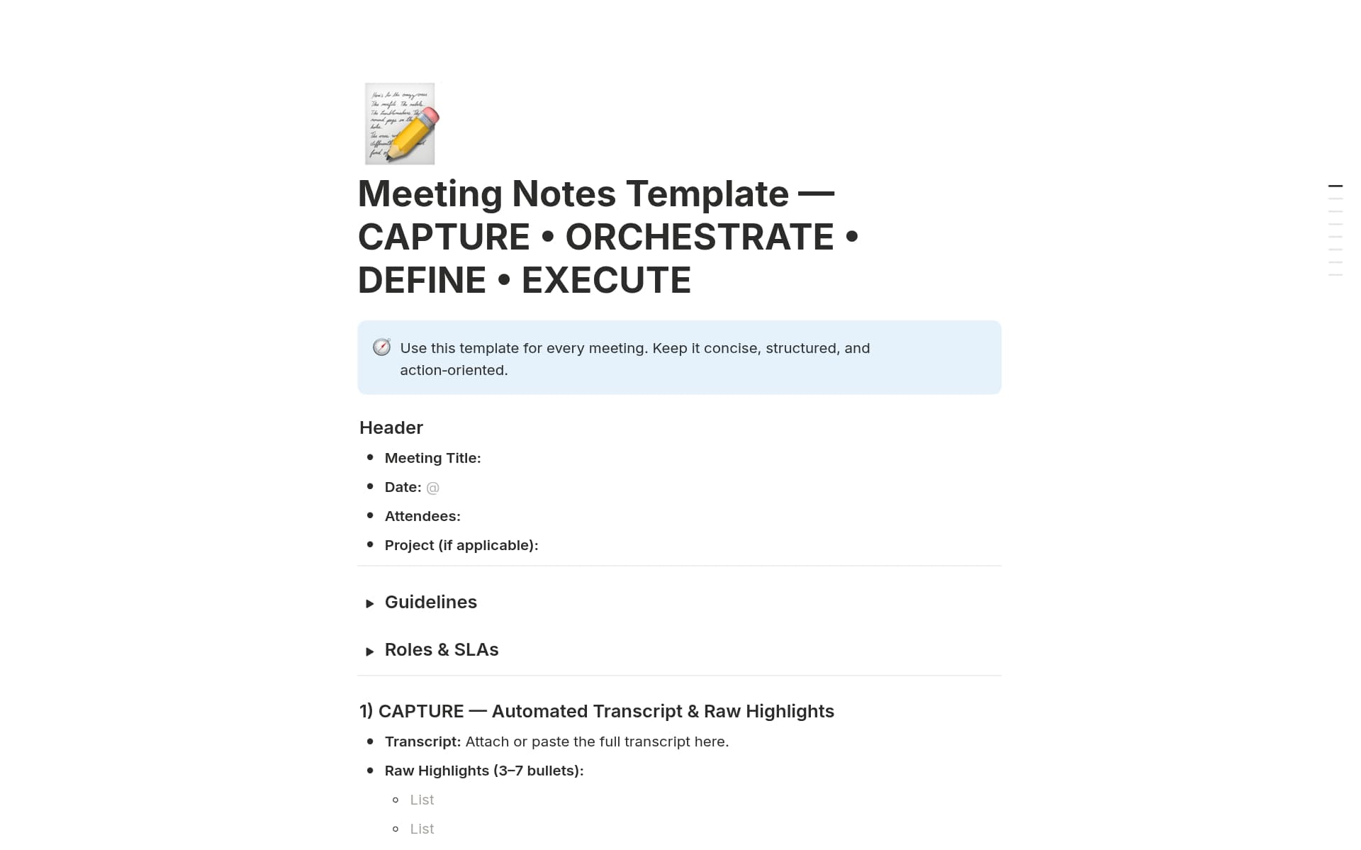 A template preview for Meeting Notes