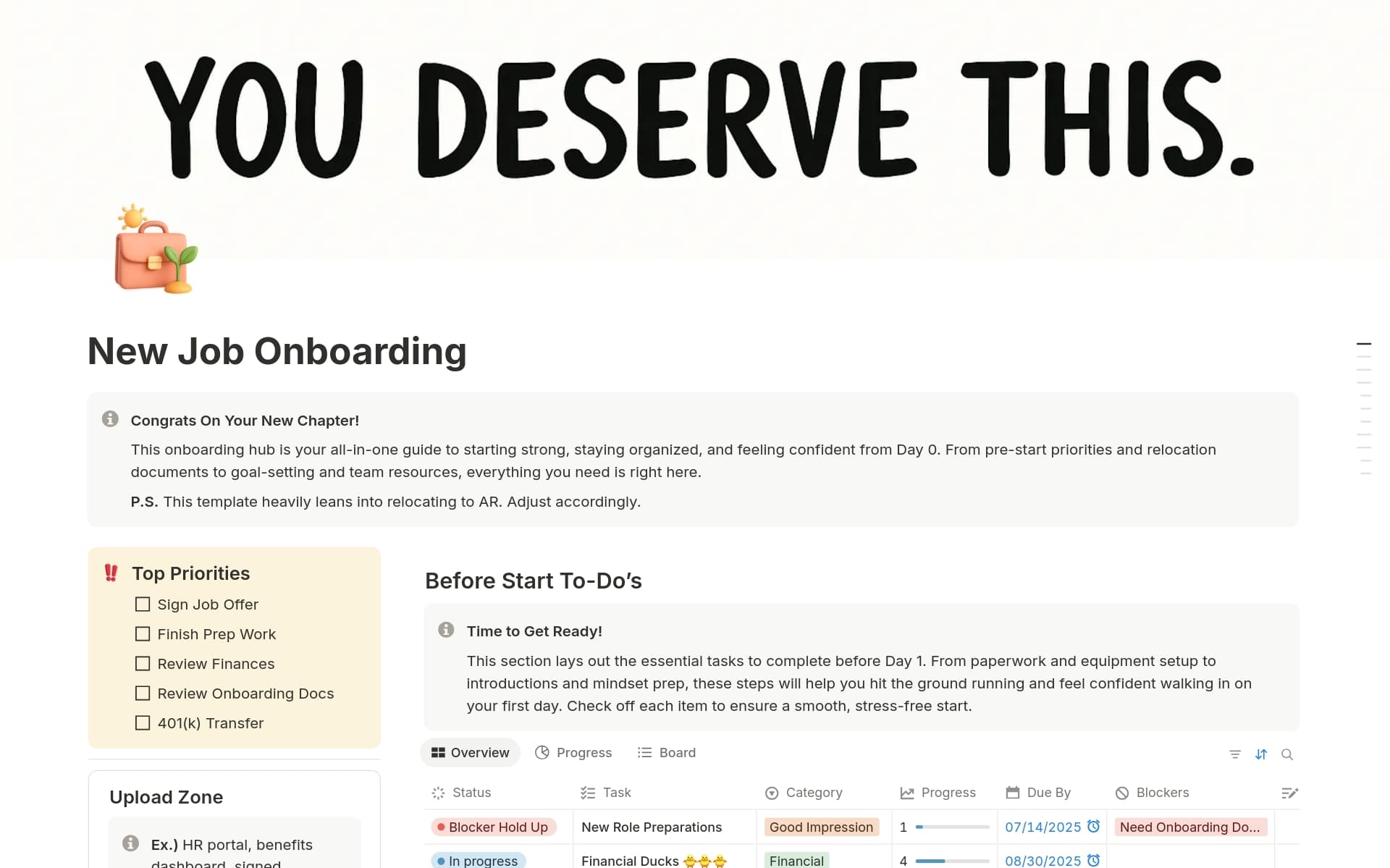 A template preview for New Job Onboarding
