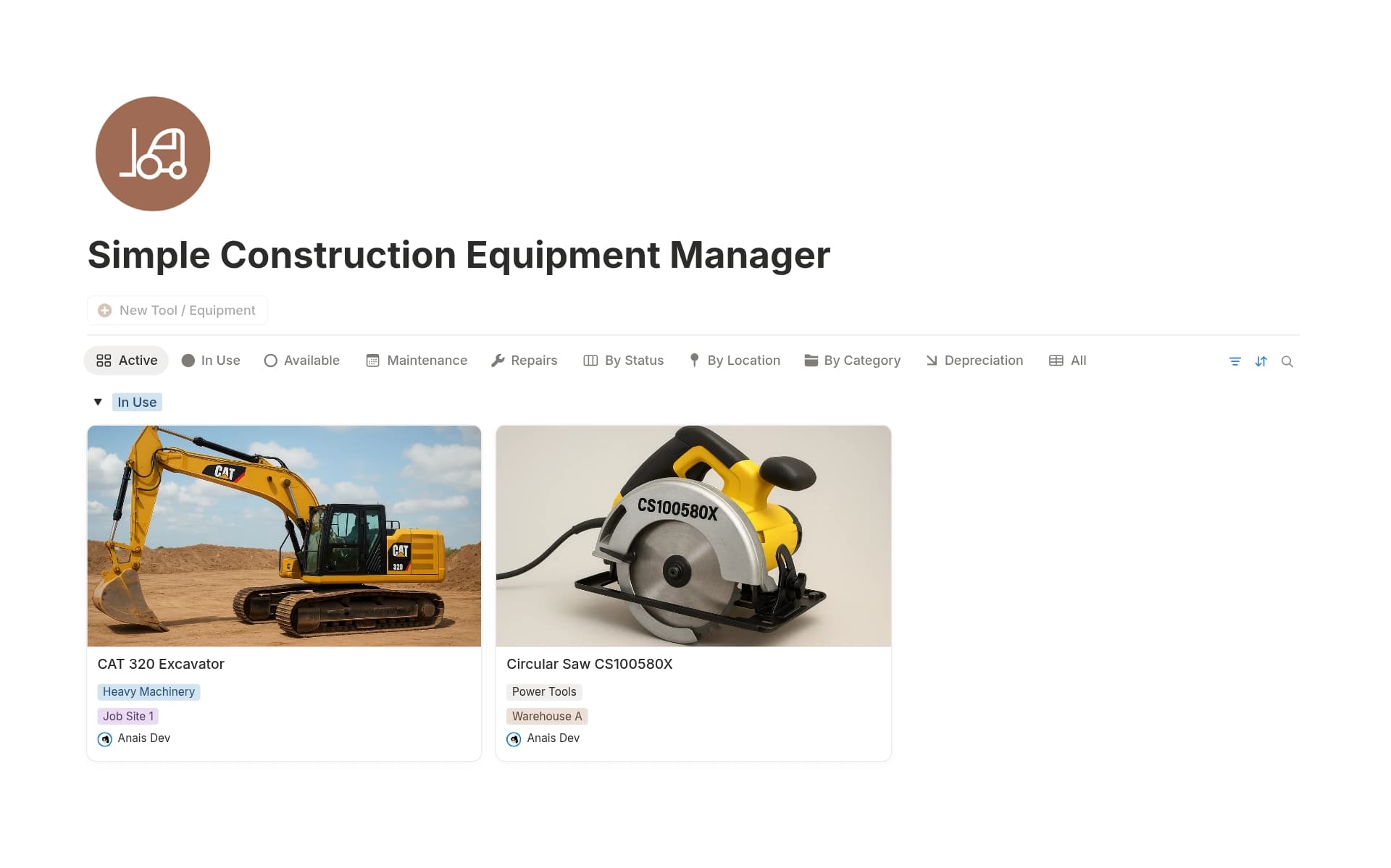 A template preview for Simple Construction Equipment Manager