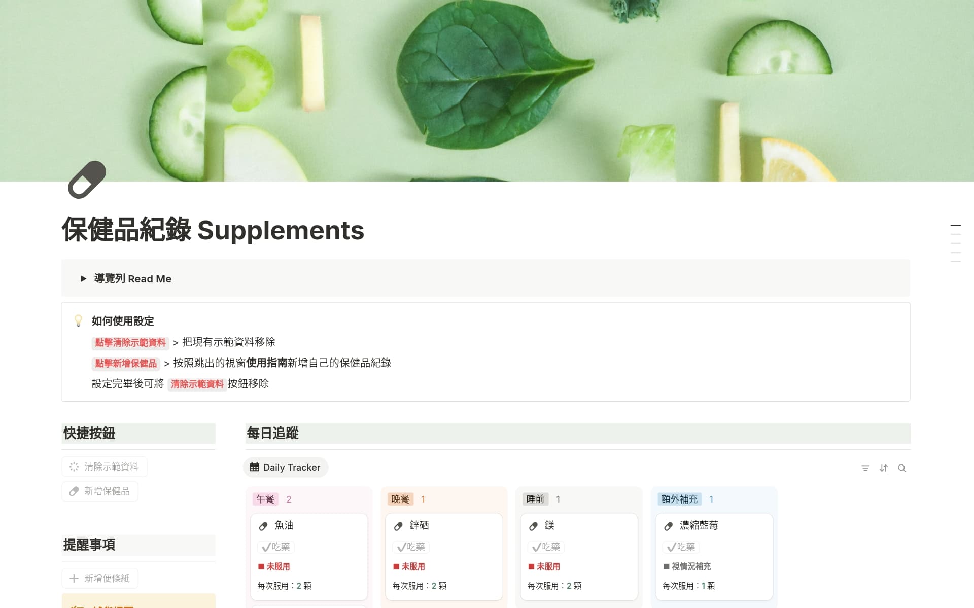 A template preview for 保健品紀錄 Supplements