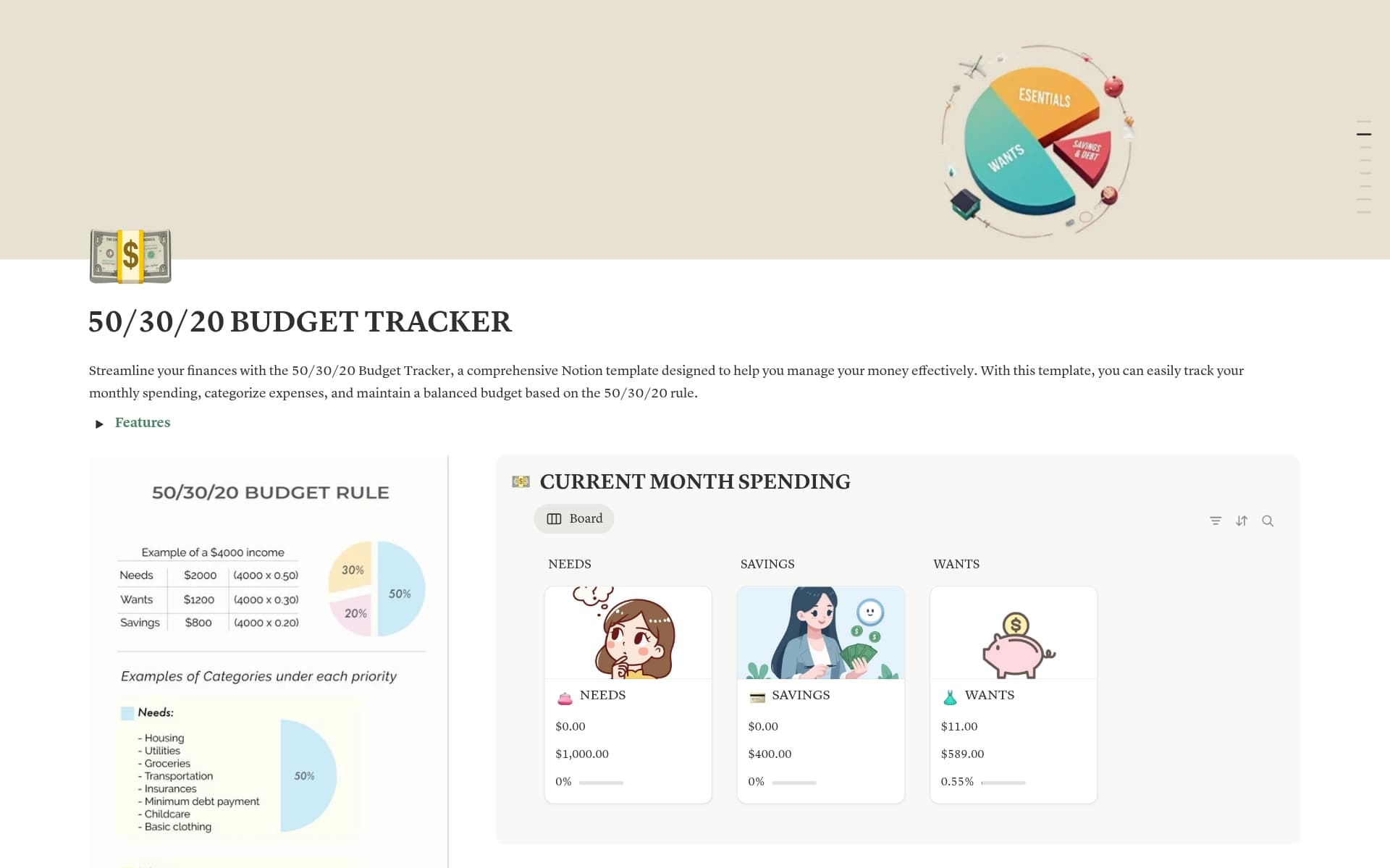 A template preview for 50/30/20 BUDGET TRACKER