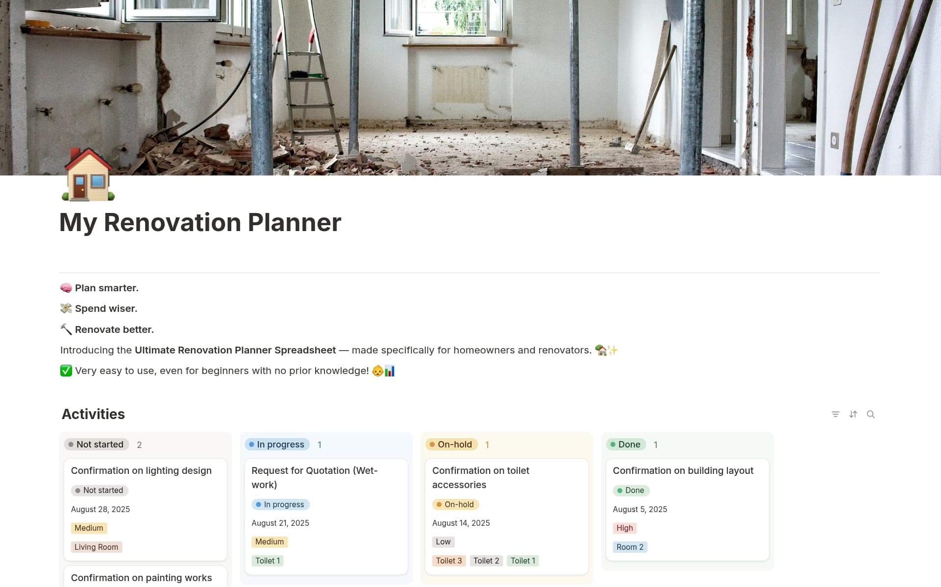 A template preview for My Renovation Planner