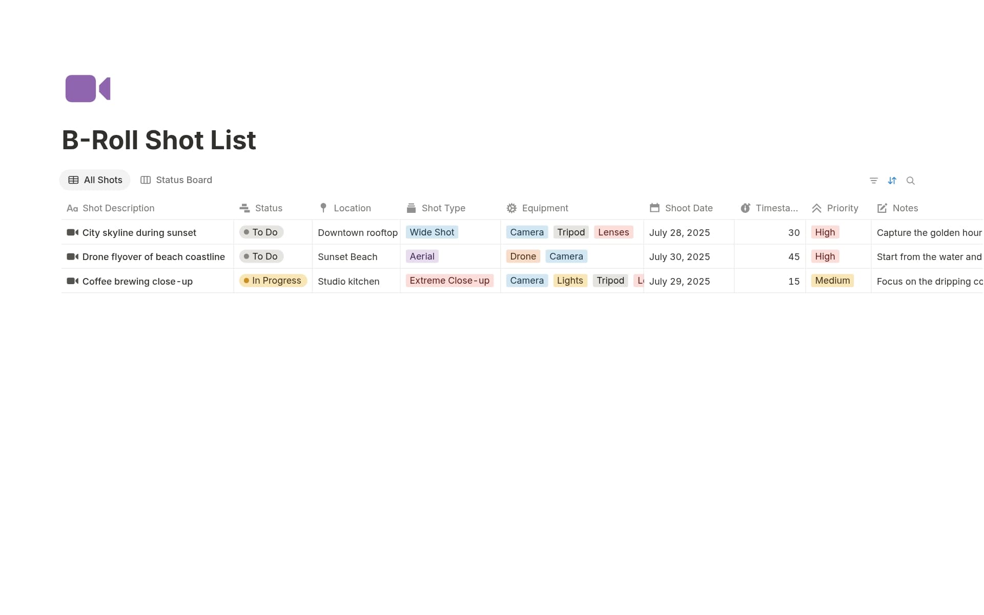 A template preview for B-Roll Shot List