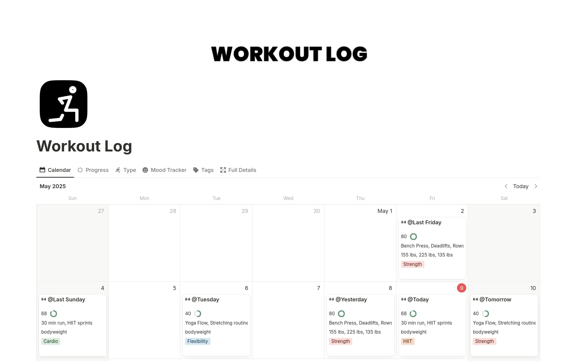 This database helps fitness enthusiasts track workouts, monitor progress, and set goals, enabling gym-goers, athletes, or home exercisers to stay motivated and achieve personal records.