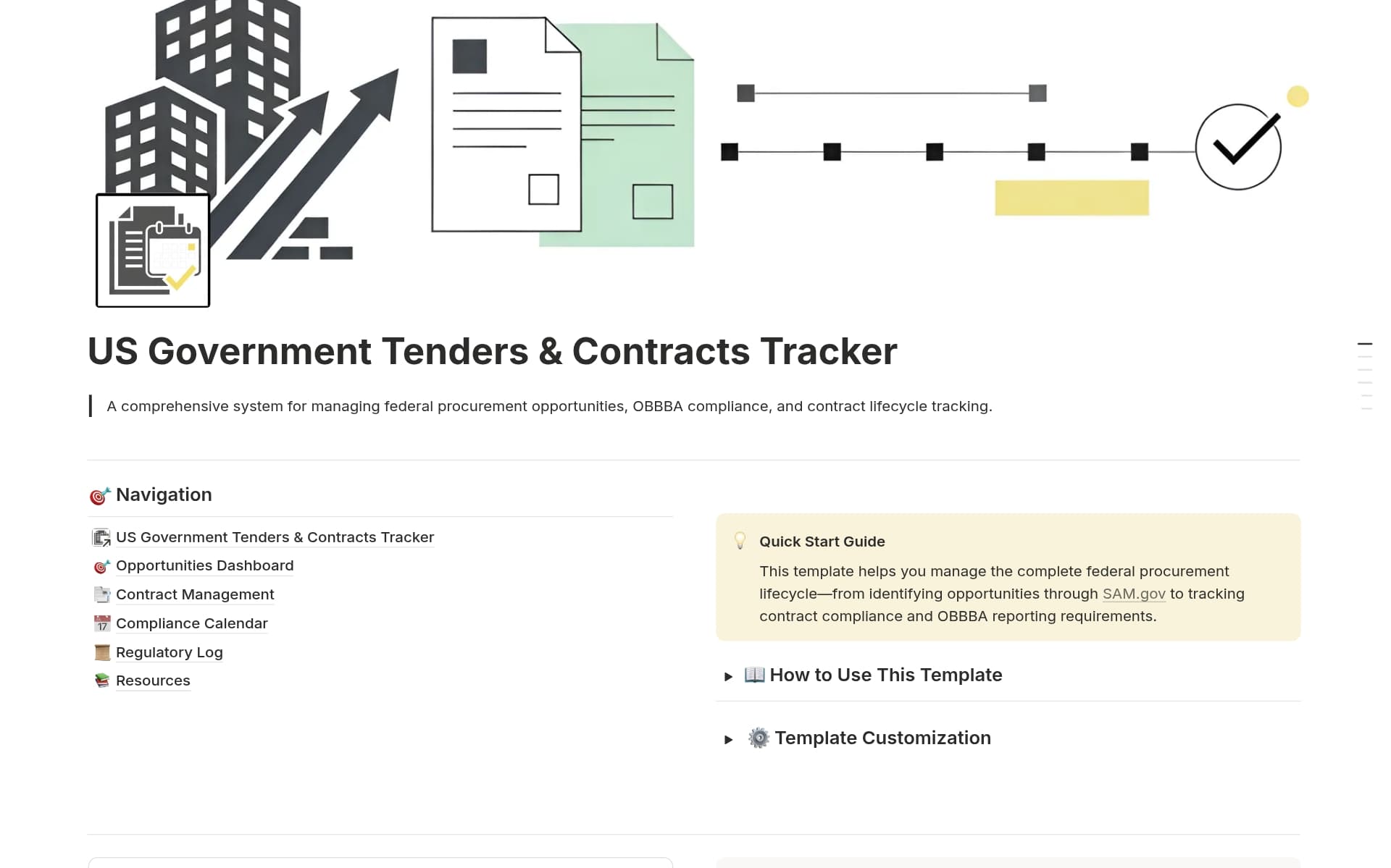 A template preview for US Government Tenders & Contracts Tracker