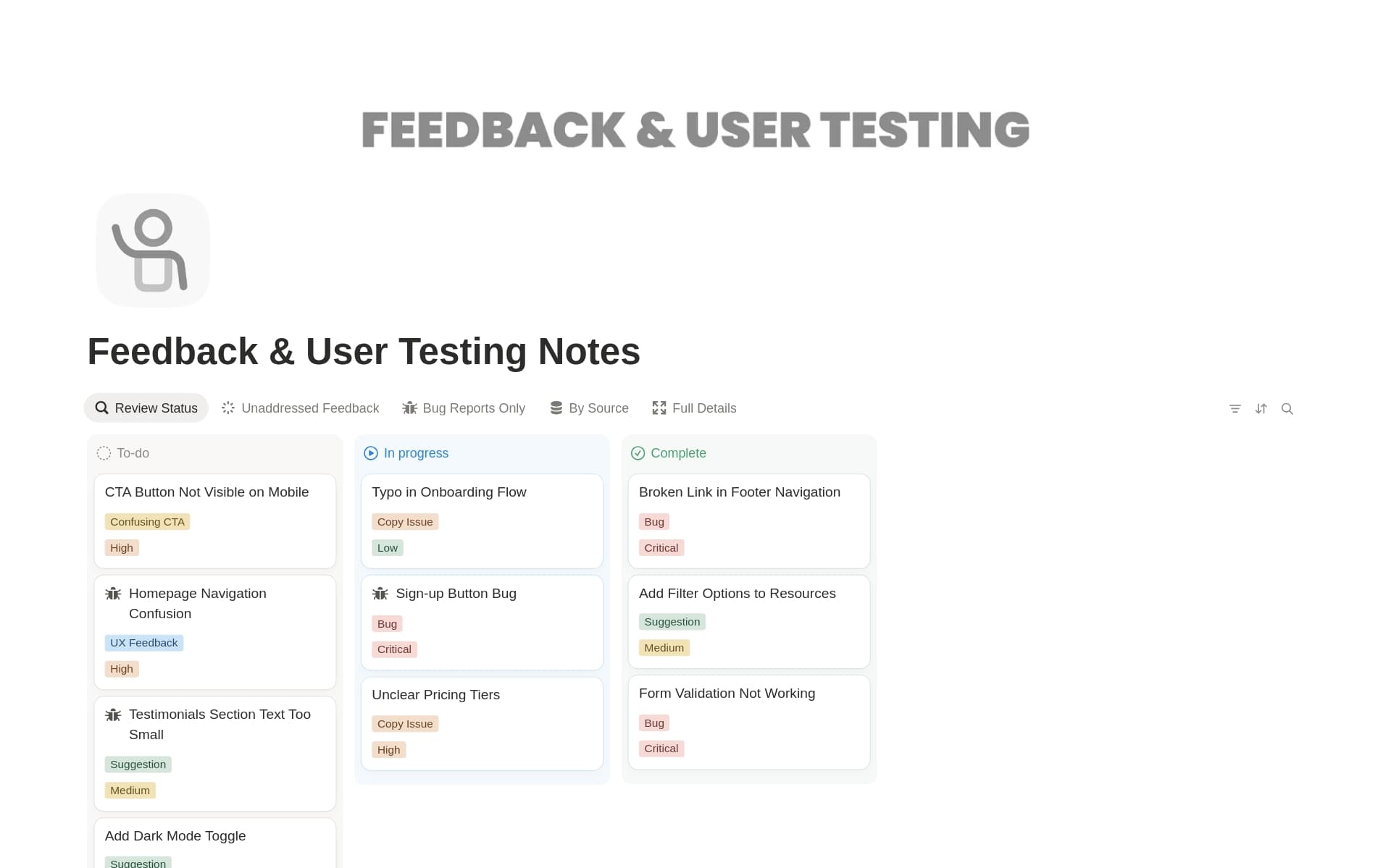 Feedback & User Testing Notes template preview