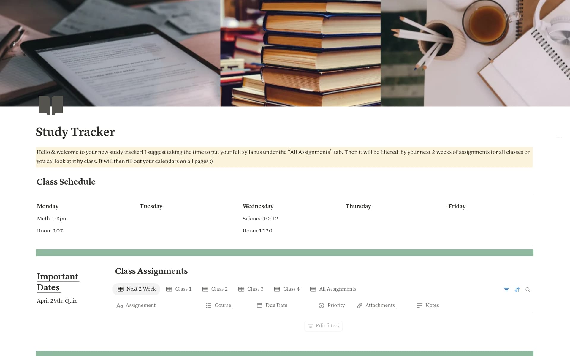 A template preview for Study Tracker