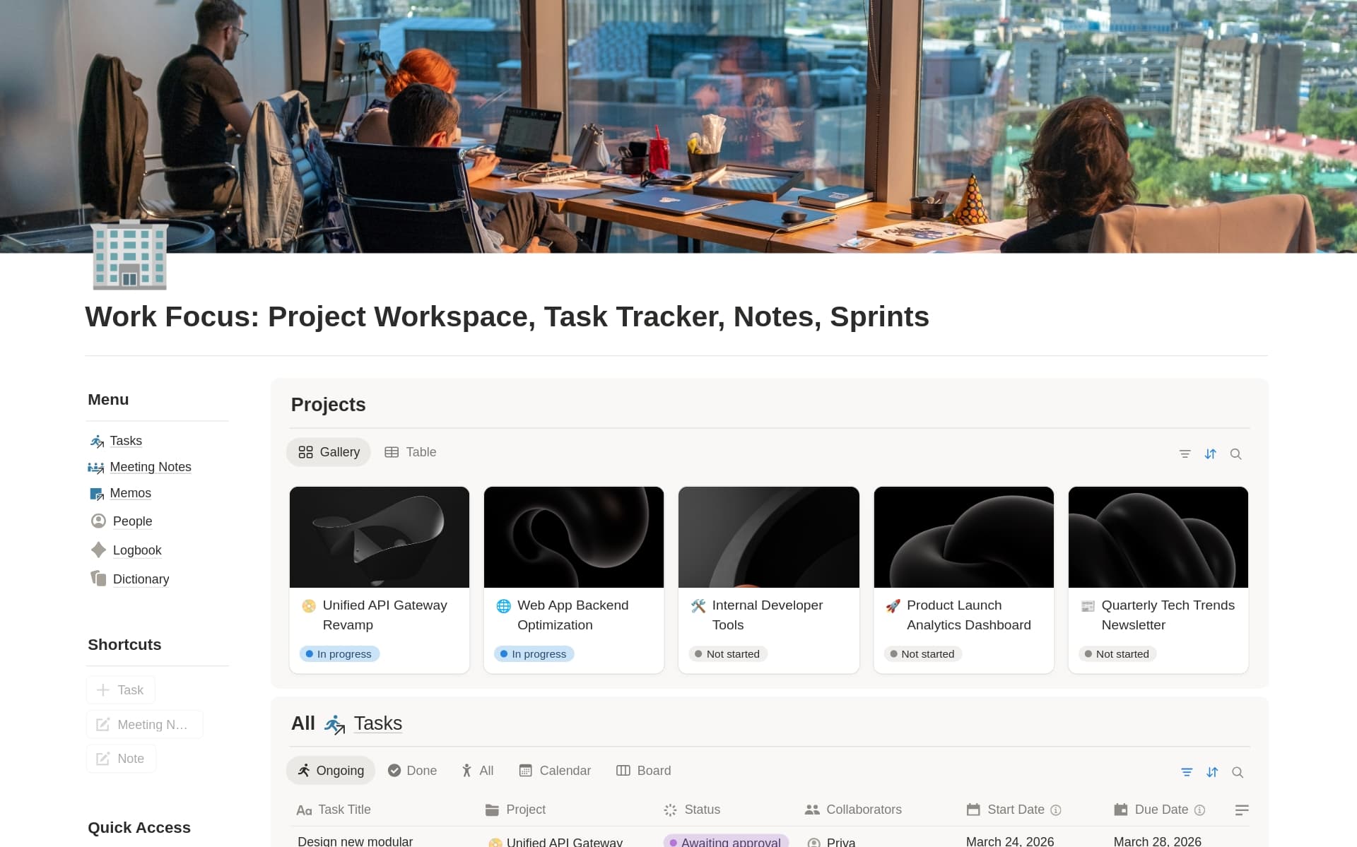 معاينة قالب Work Focus: Project Workspace, Task Tracker, Notes