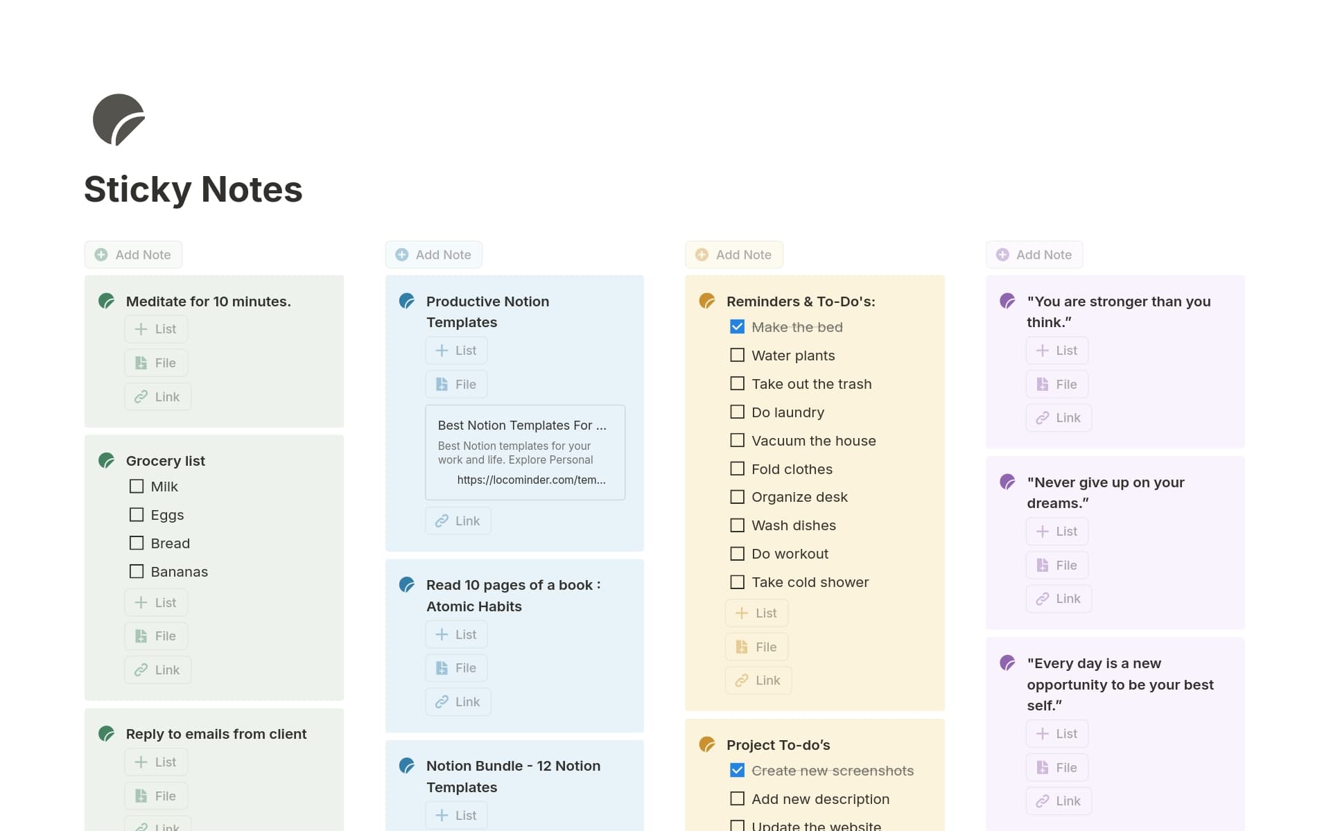 A template preview for Sticky Notes