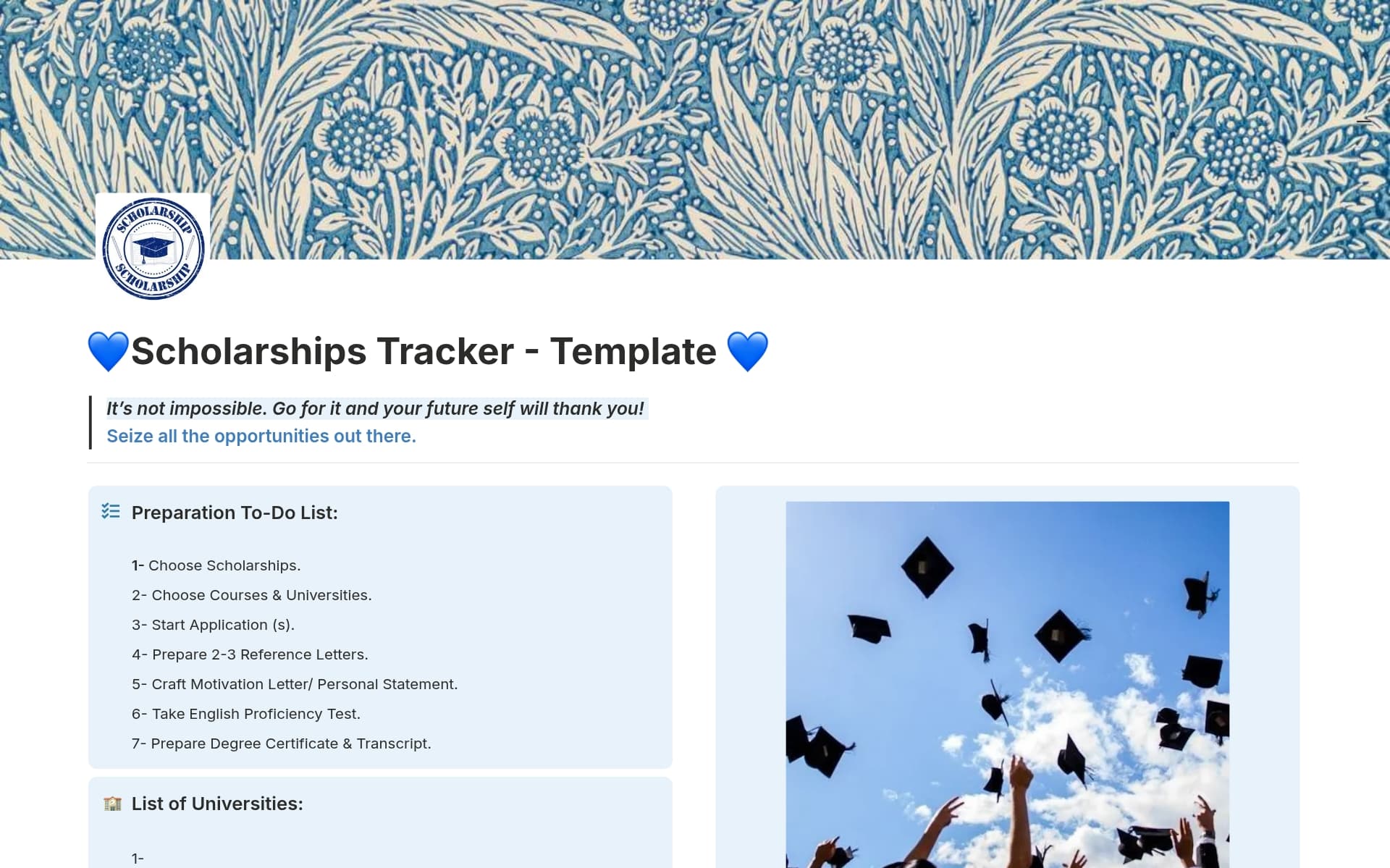 A template preview for Scholarships Tracker