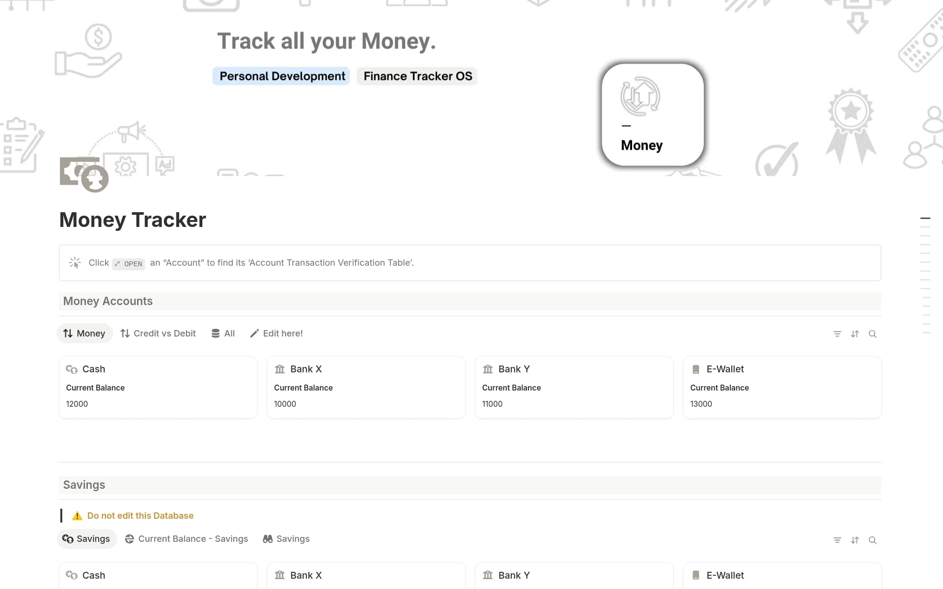 A template preview for Money Tracker