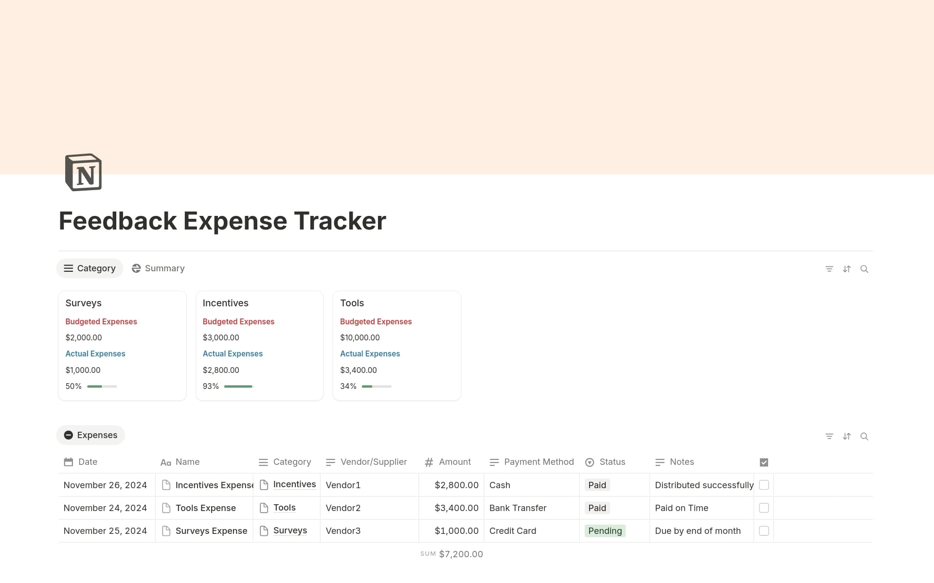 A template preview for Feedback Expense Tracker
