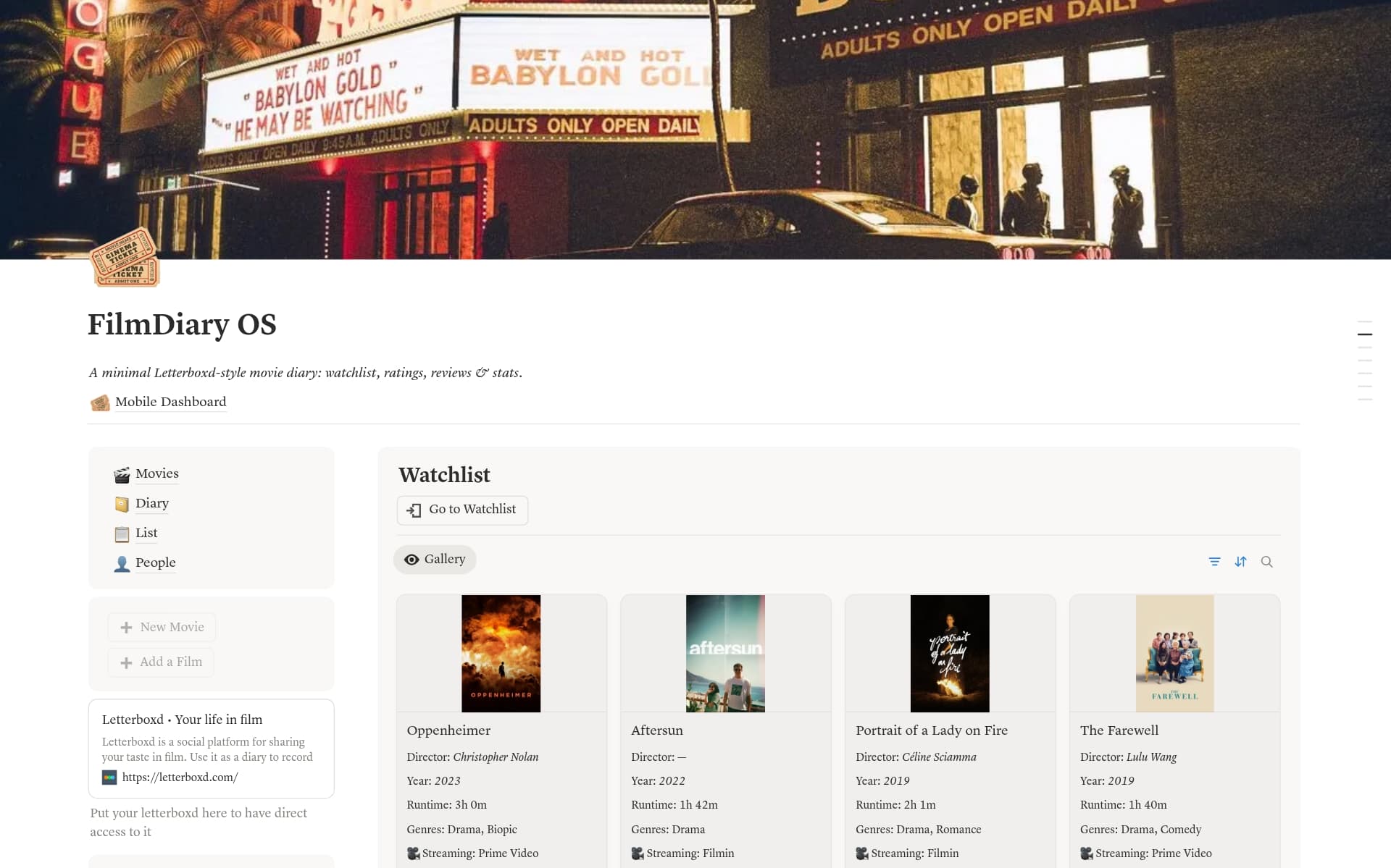 Uma prévia do modelo para FilmDiary OS — Letterboxd-style Movie Tracker
