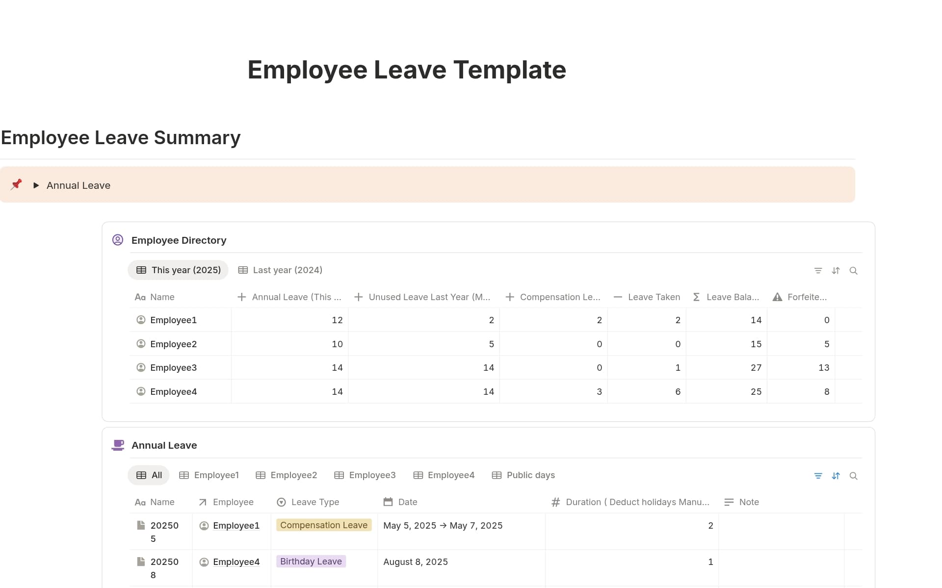 A template preview for Employee Leave