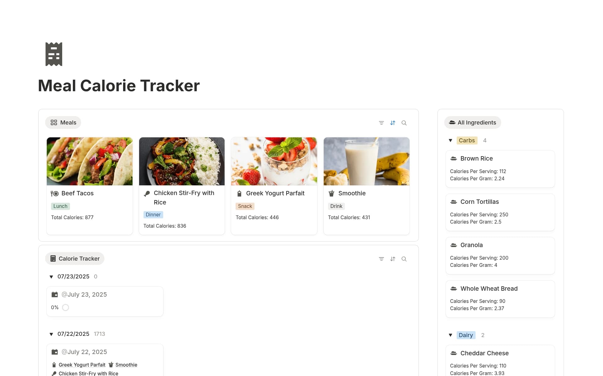 A template preview for Meal Calorie Tracker