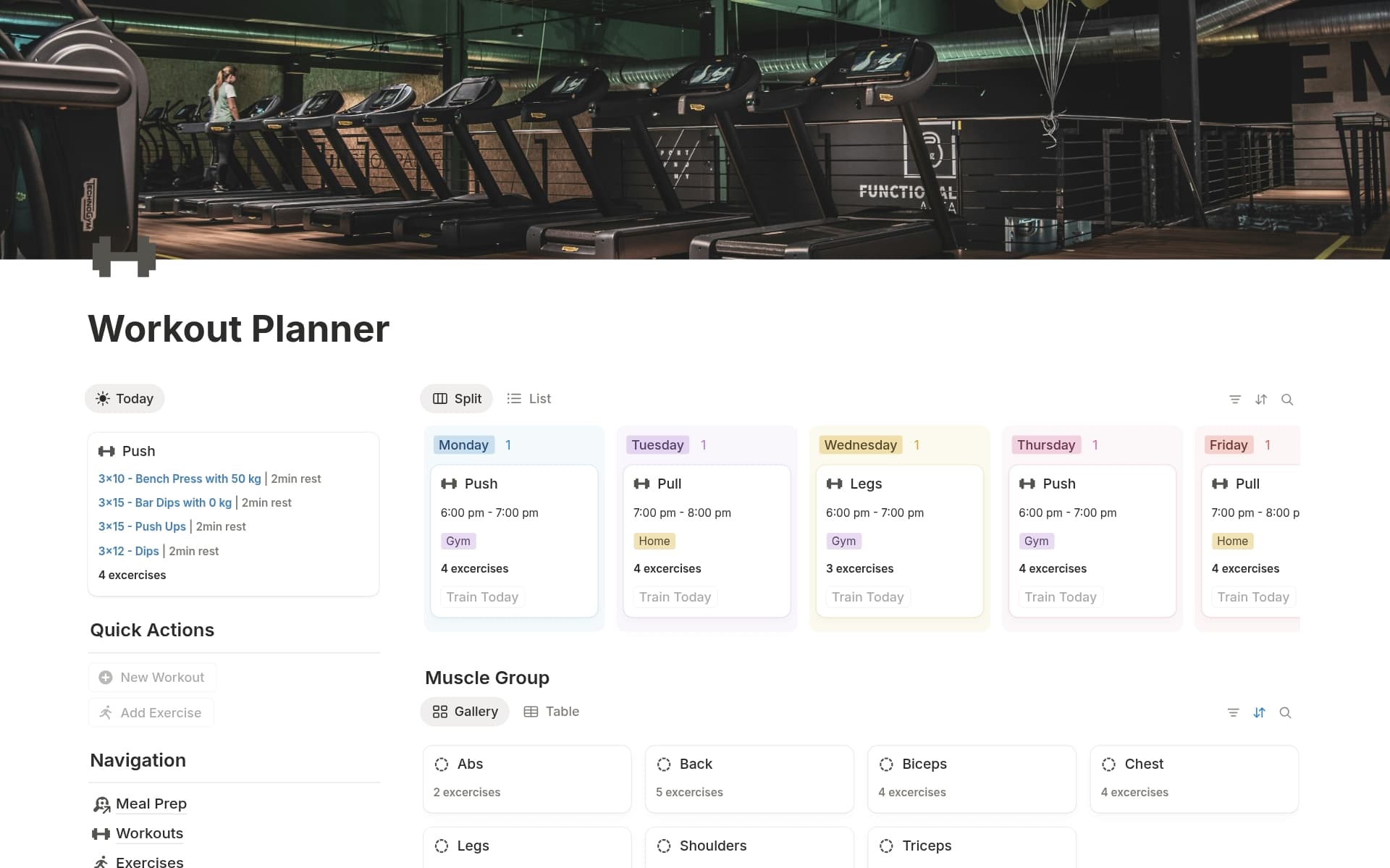 A template preview for Workout Planner