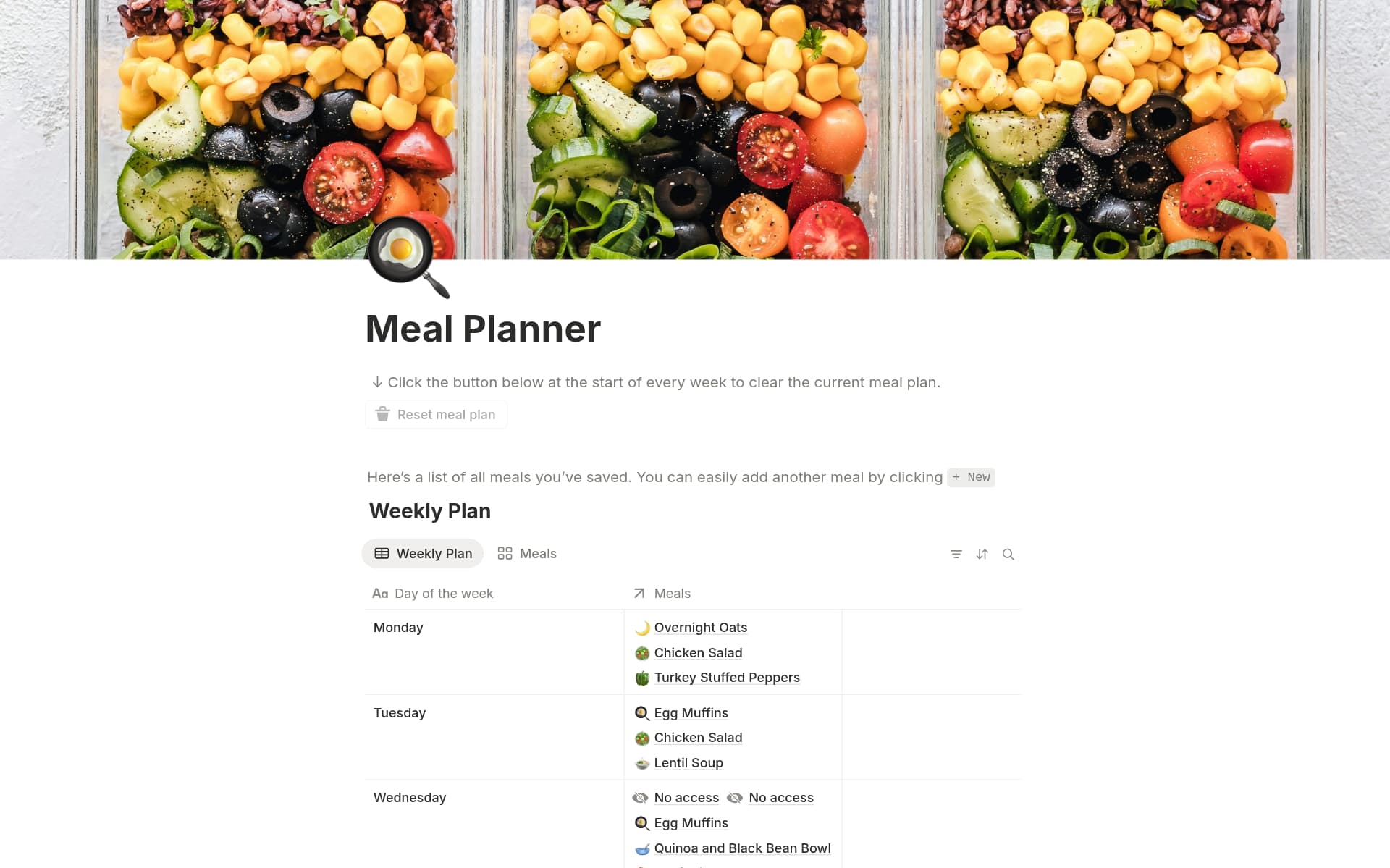 A template preview for Meal planner