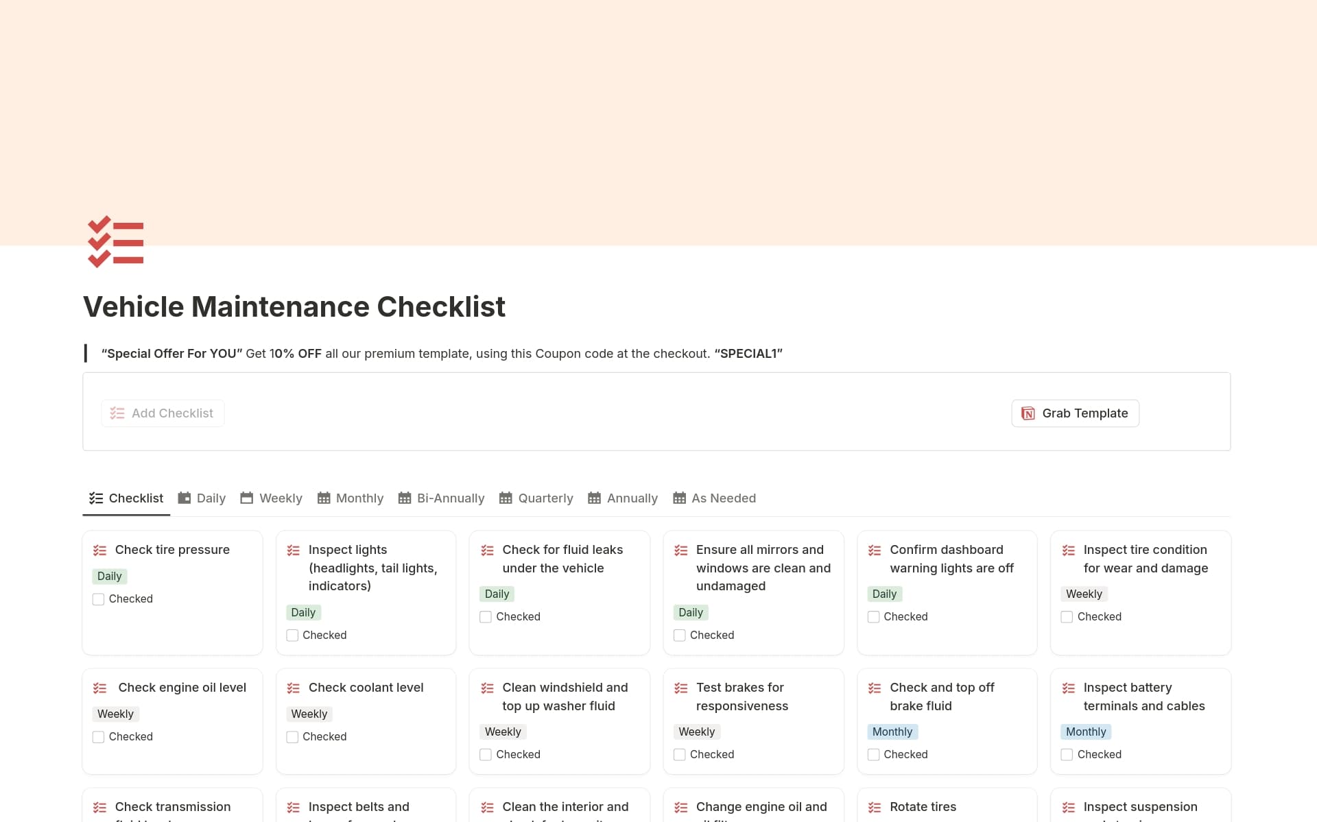 A template preview for Vehicle Maintenance Checklist