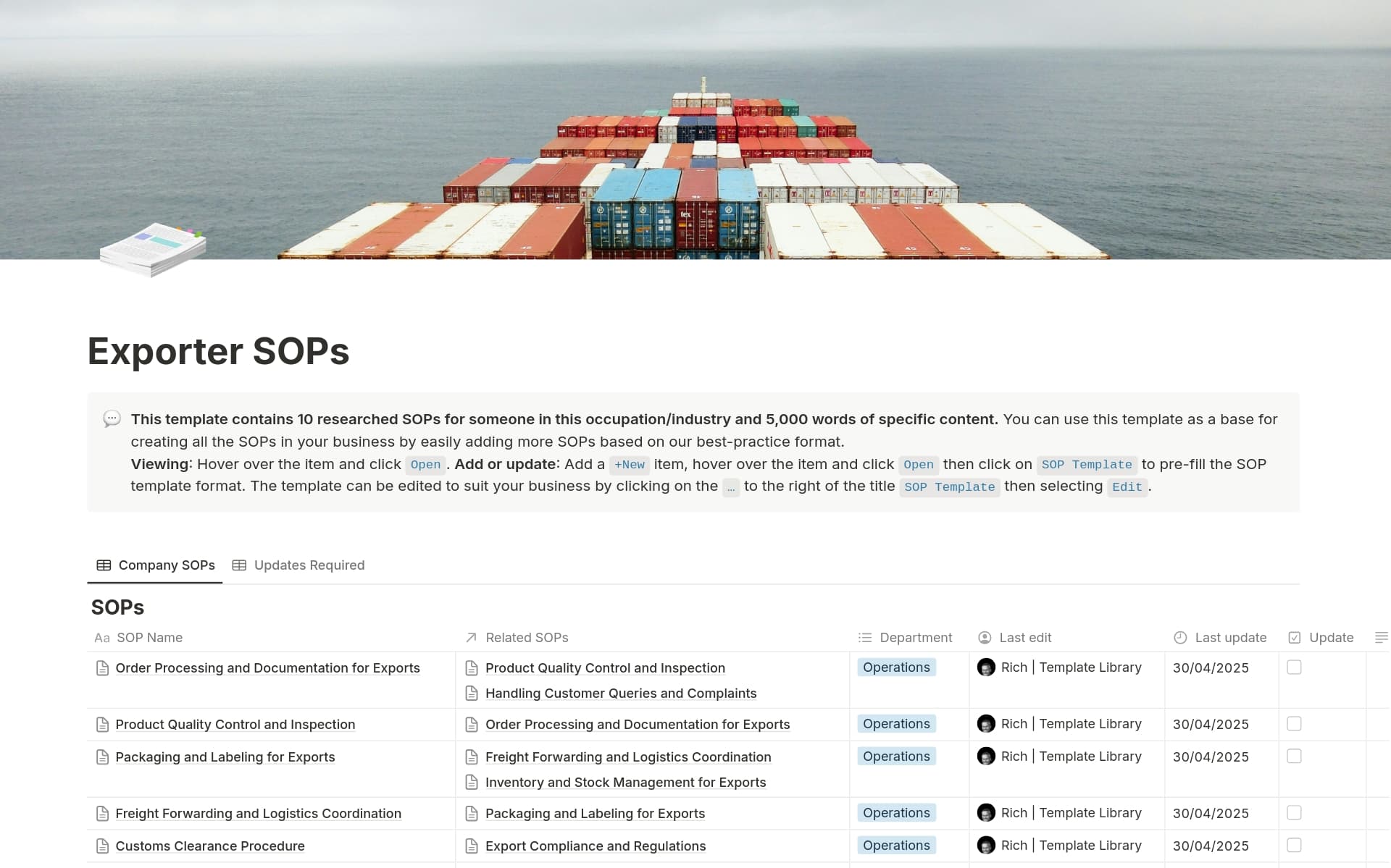 A template preview for Exporter SOPs