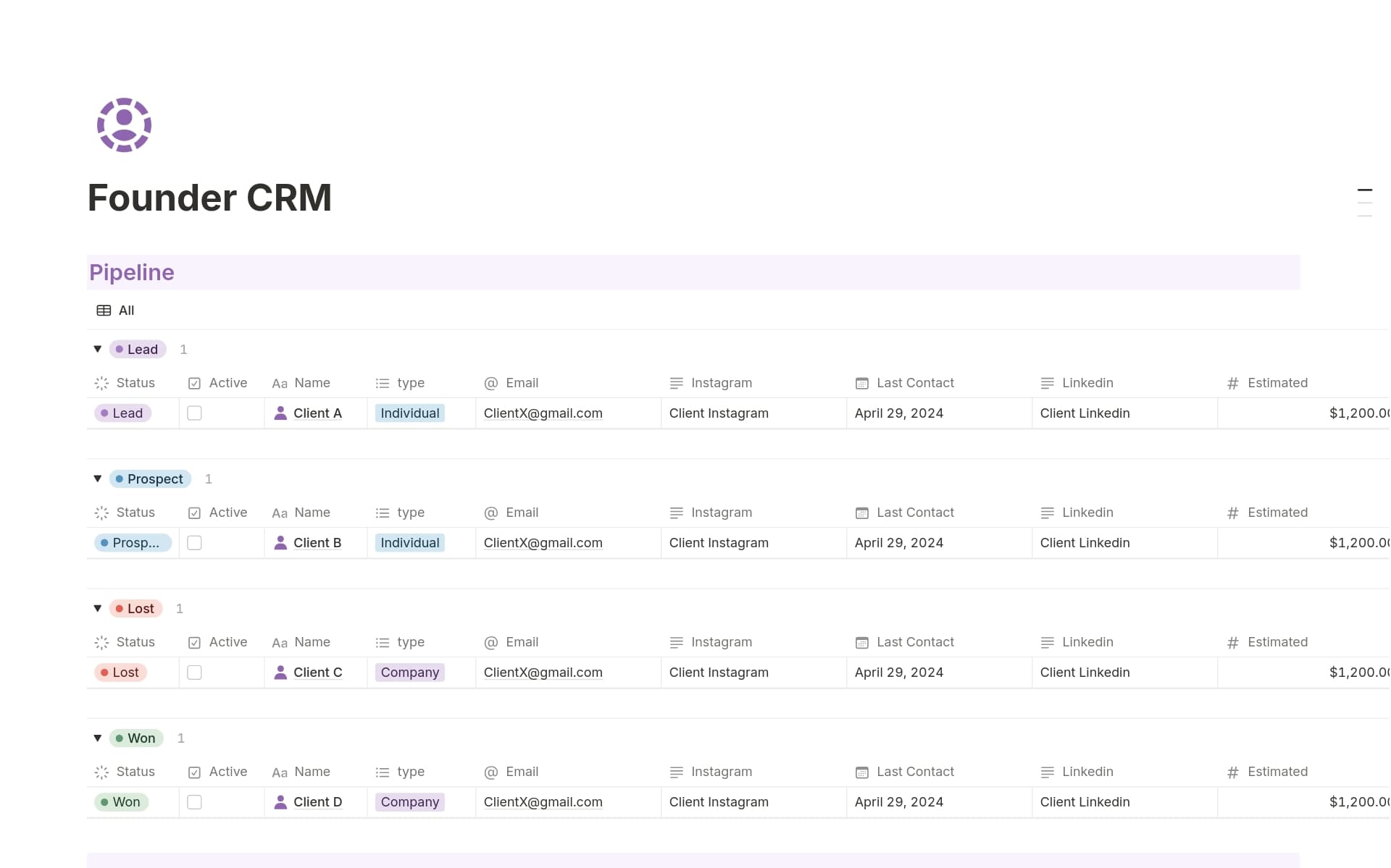 A template preview for Founder CRM