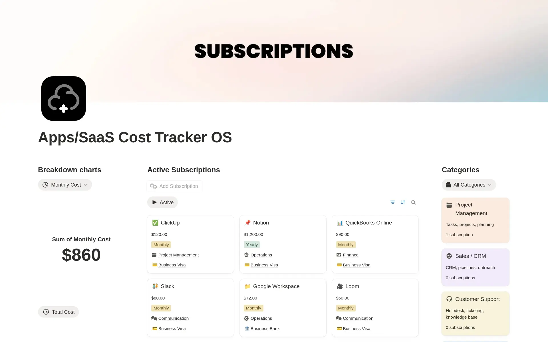 Apps & SaaS Cost Tracker OS template preview