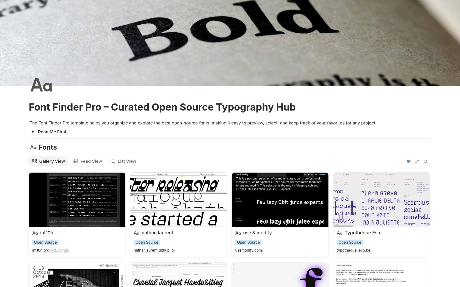A template preview for Font Finder Pro – Curated Open Source Fonts