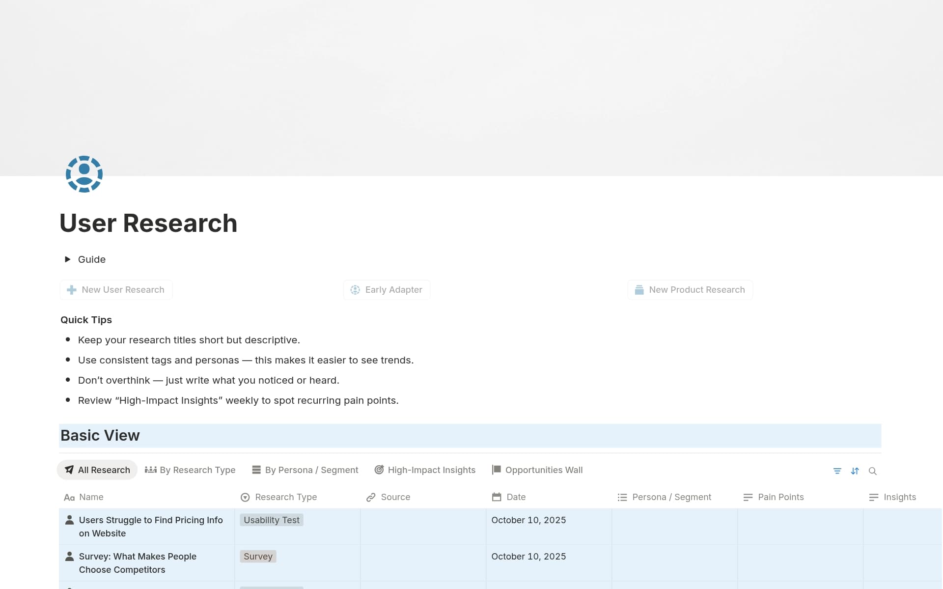 A template preview for Simple User Research