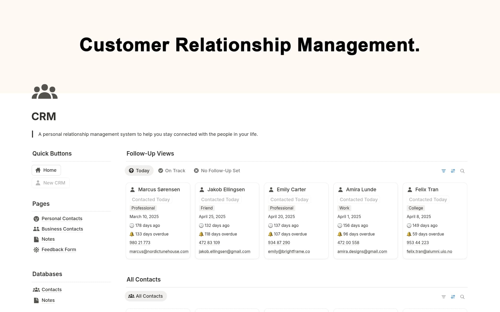A template preview for Personal & Business CRM