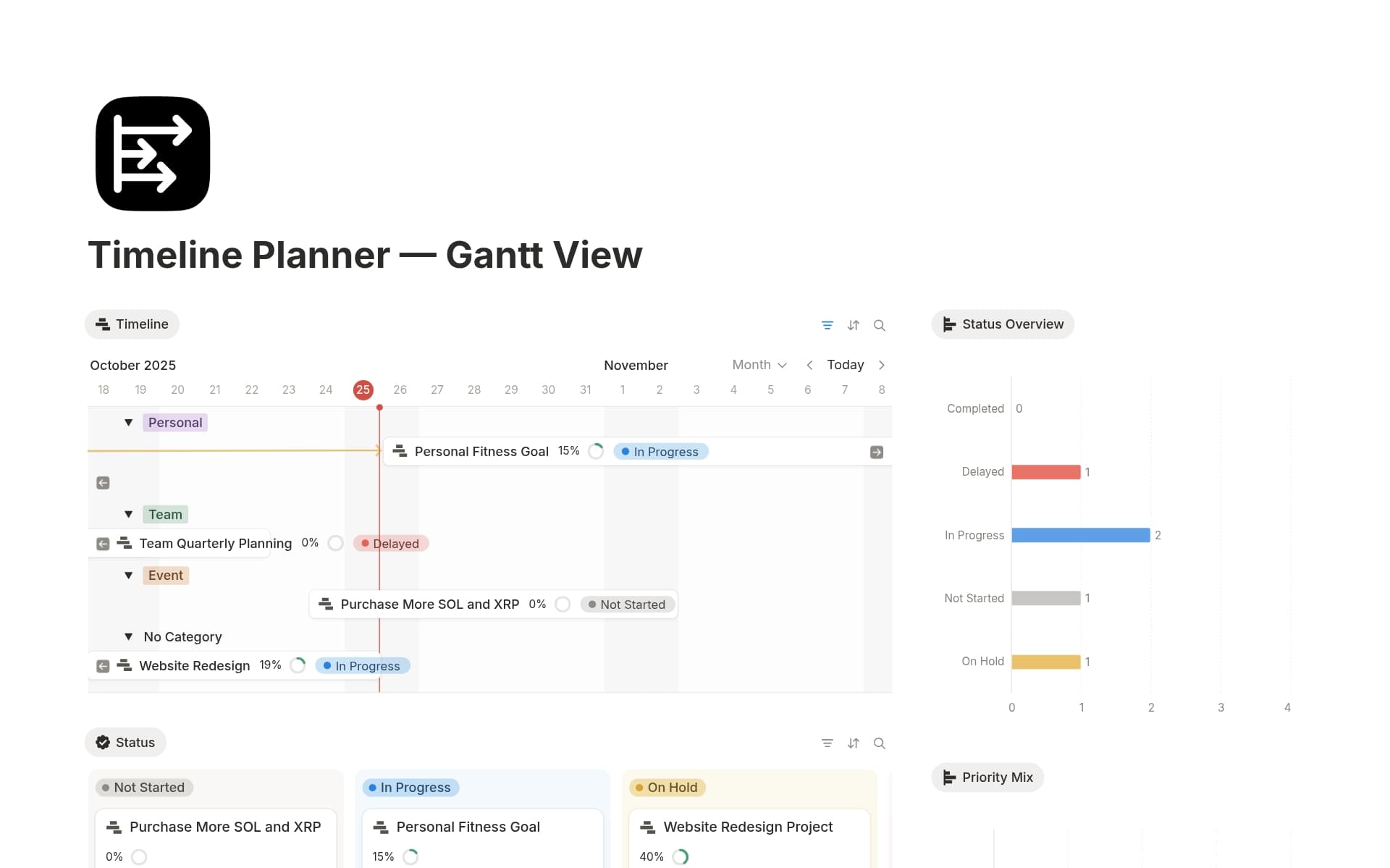 A template preview for Timeline Planner — Gantt View