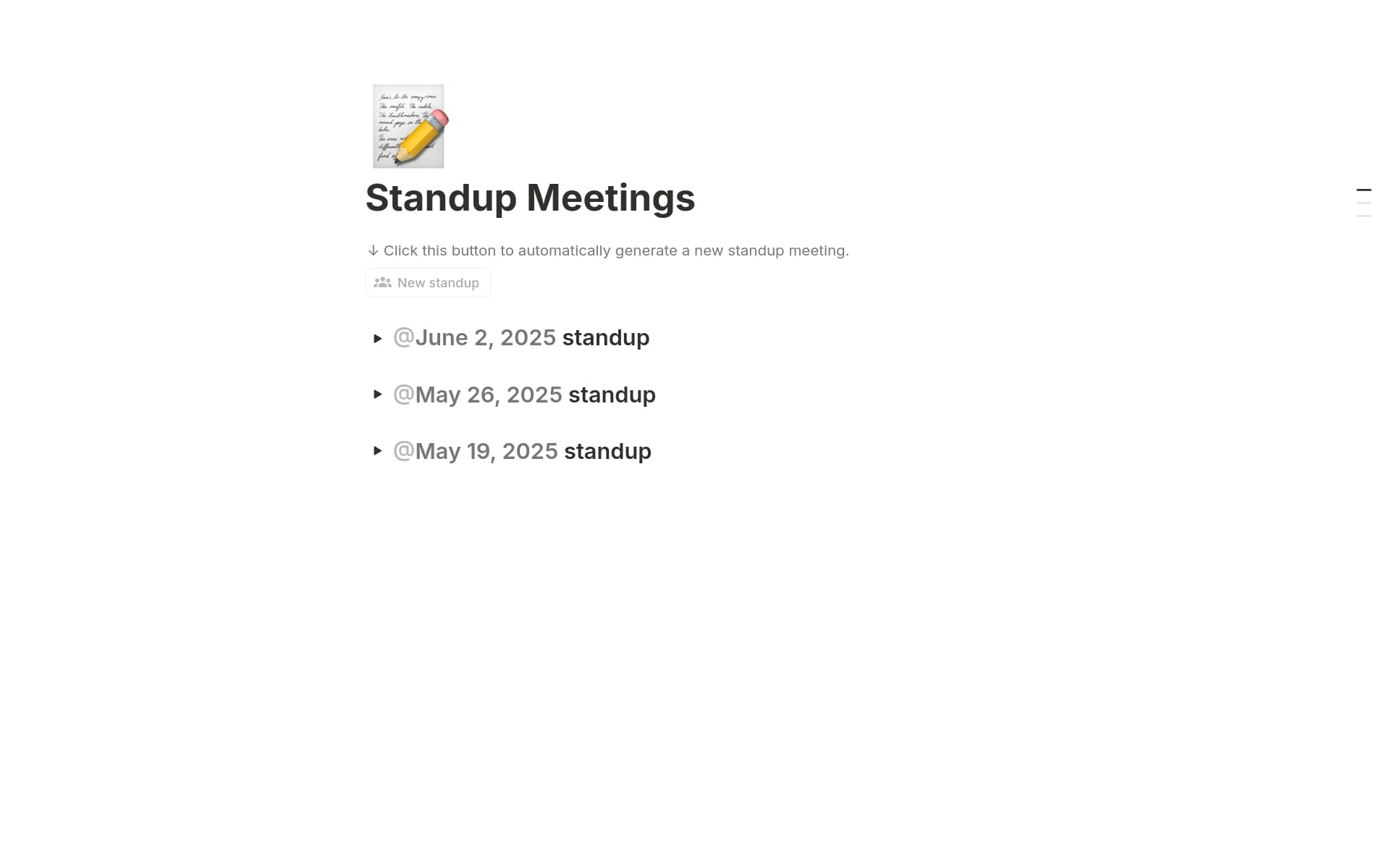 A template preview for Standup Meeting